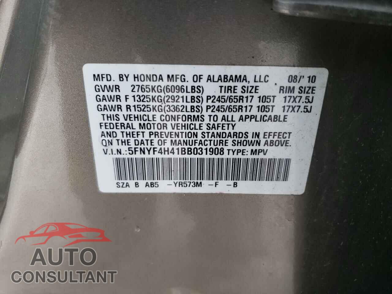 HONDA PILOT 2011 - 5FNYF4H41BB031908