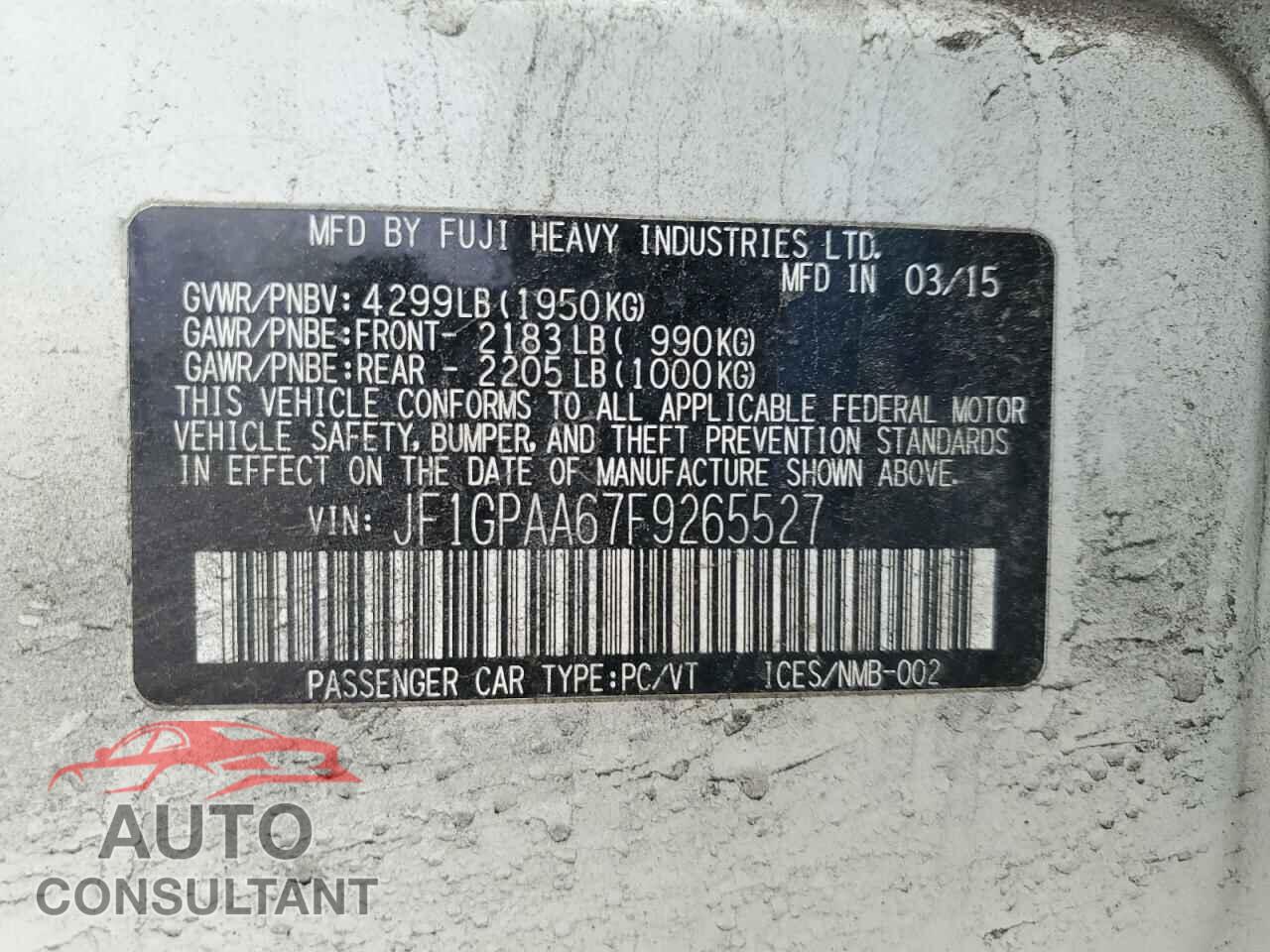 SUBARU IMPREZA 2015 - JF1GPAA67F9265527