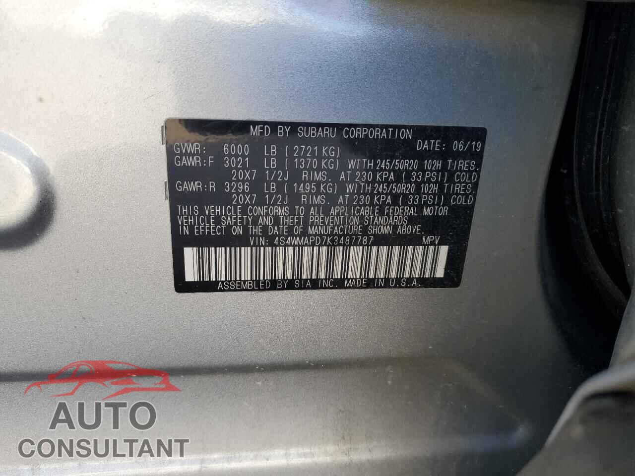 SUBARU ASCENT 2019 - 4S4WMAPD7K3487787