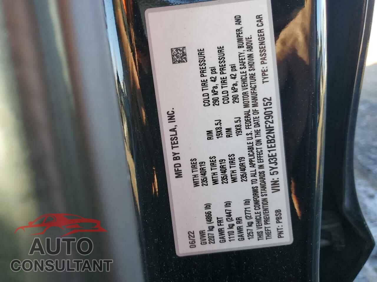 TESLA MODEL 3 2022 - 5YJ3E1EB2NF290152