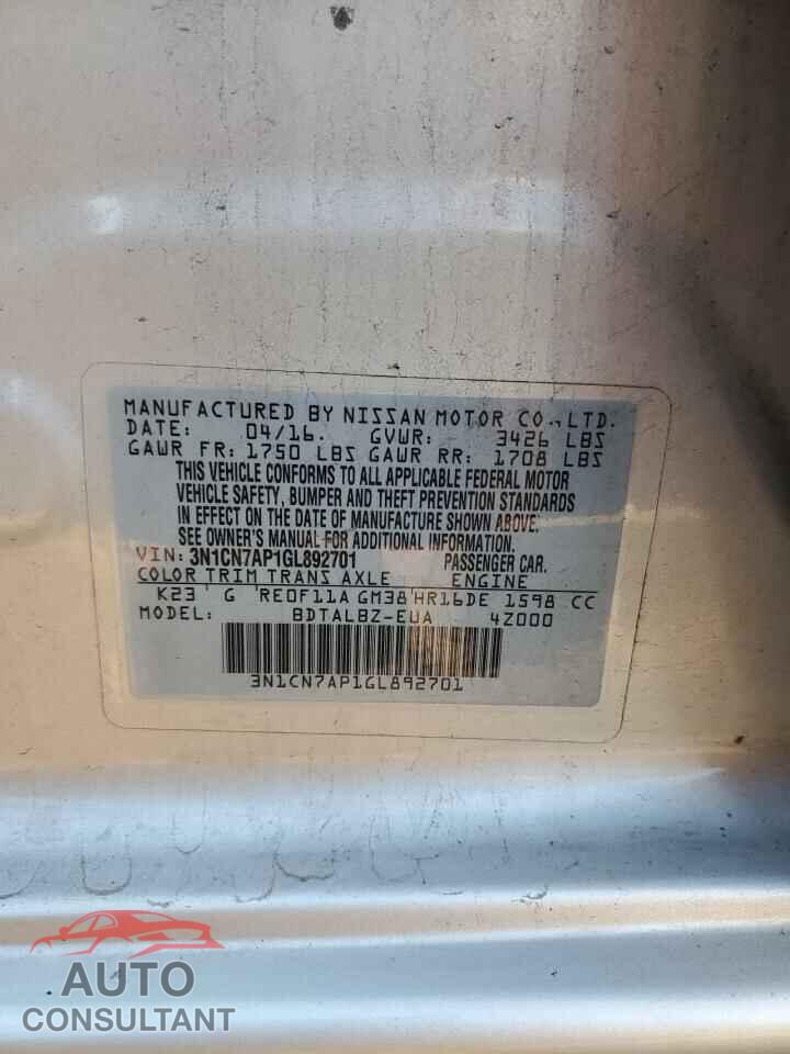 NISSAN VERSA 2016 - 3N1CN7AP1GL892701