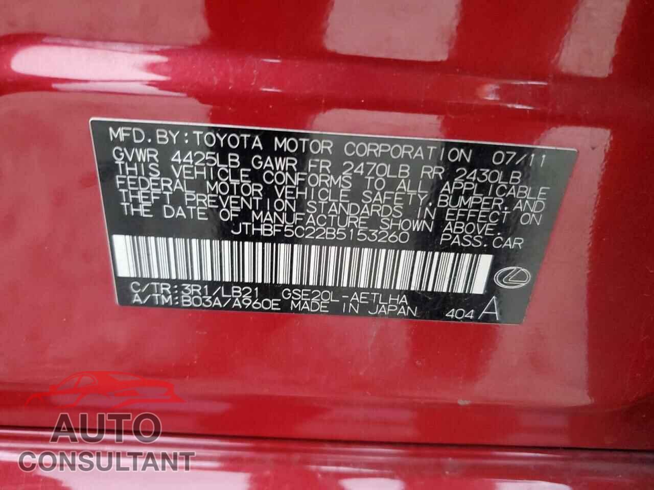 LEXUS IS 2011 - JTHBF5C22B5153260