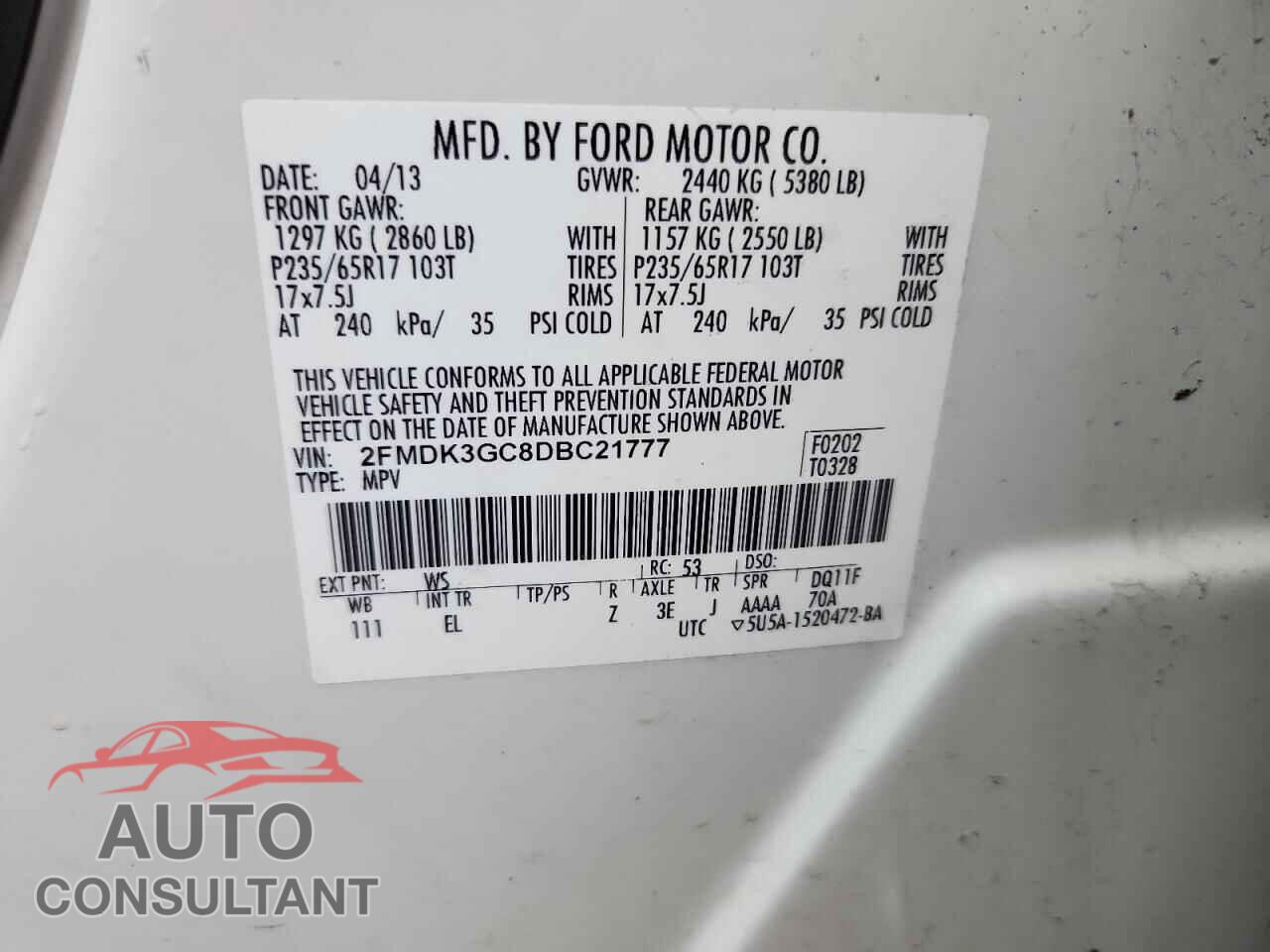 FORD EDGE 2013 - 2FMDK3GC8DBC21777