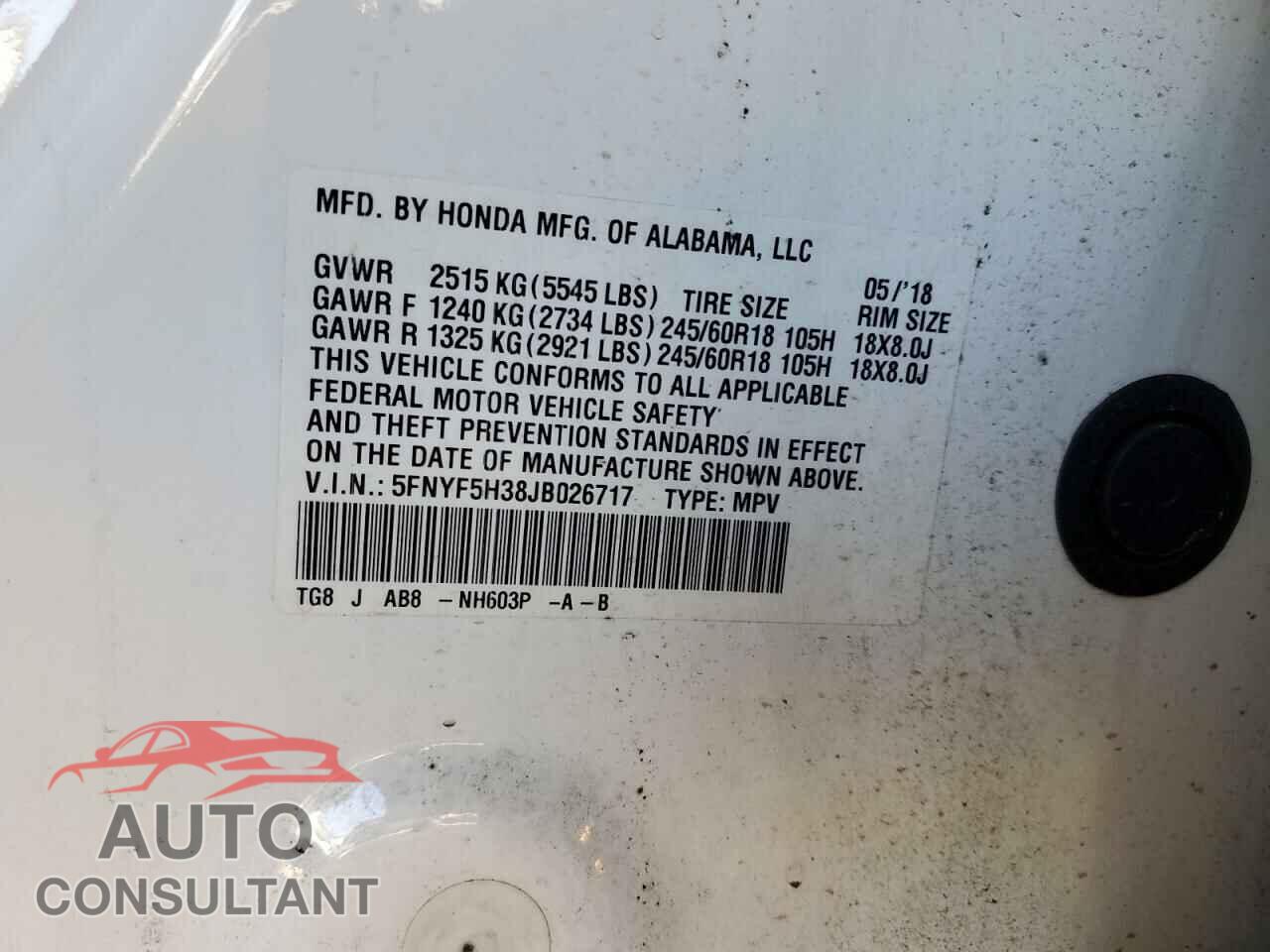 HONDA PILOT 2018 - 5FNYF5H38JB026717