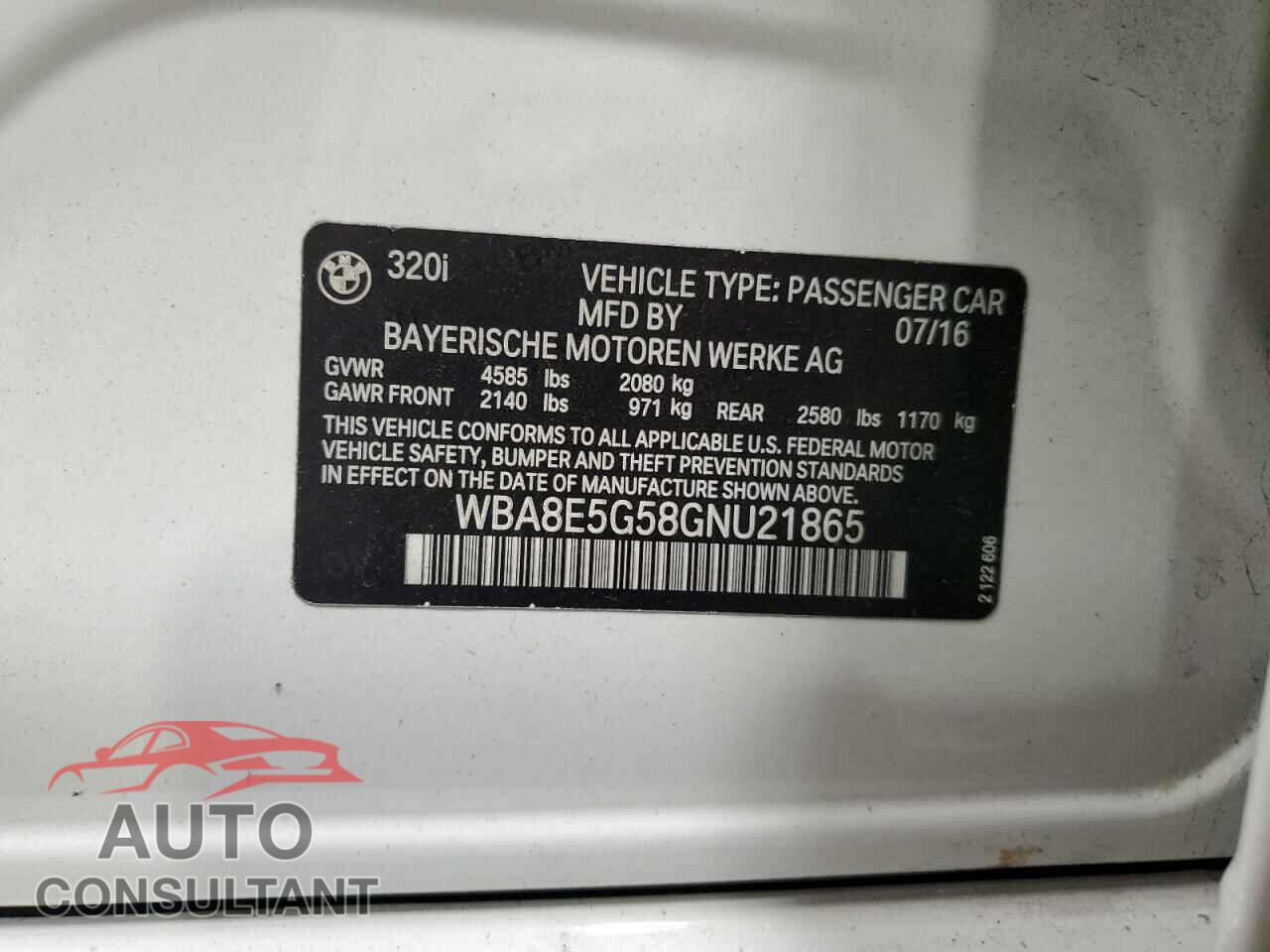 BMW 3 SERIES 2016 - WBA8E5G58GNU21865