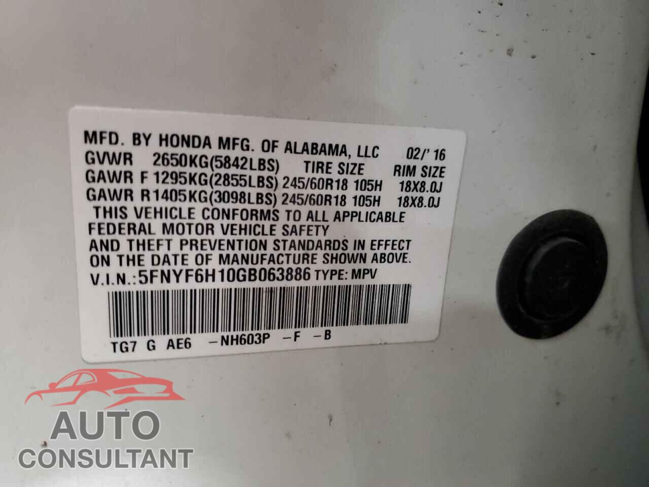HONDA PILOT 2016 - 5FNYF6H10GB063886