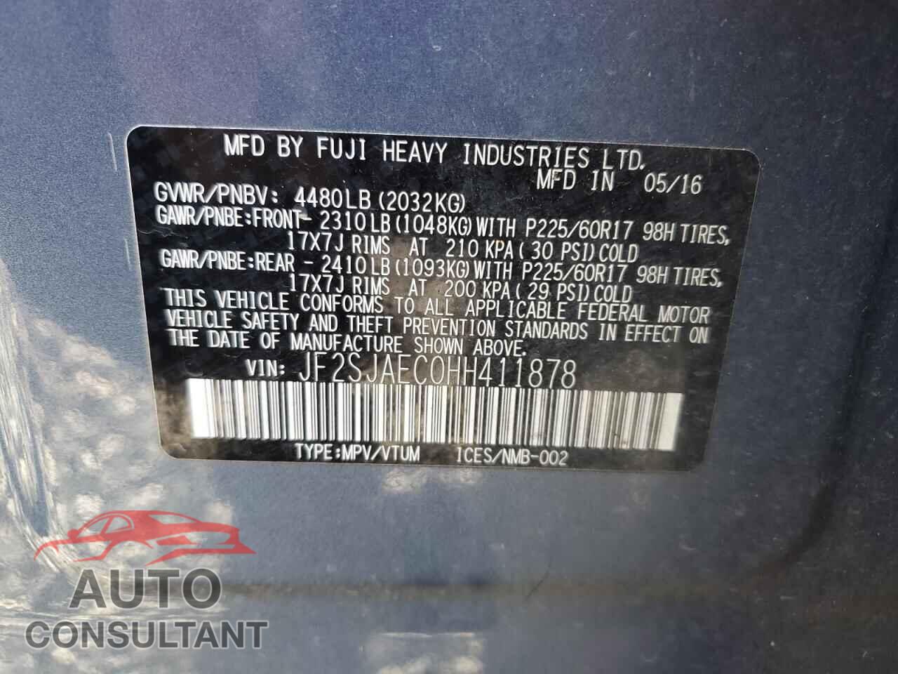 SUBARU FORESTER 2017 - JF2SJAEC0HH411878