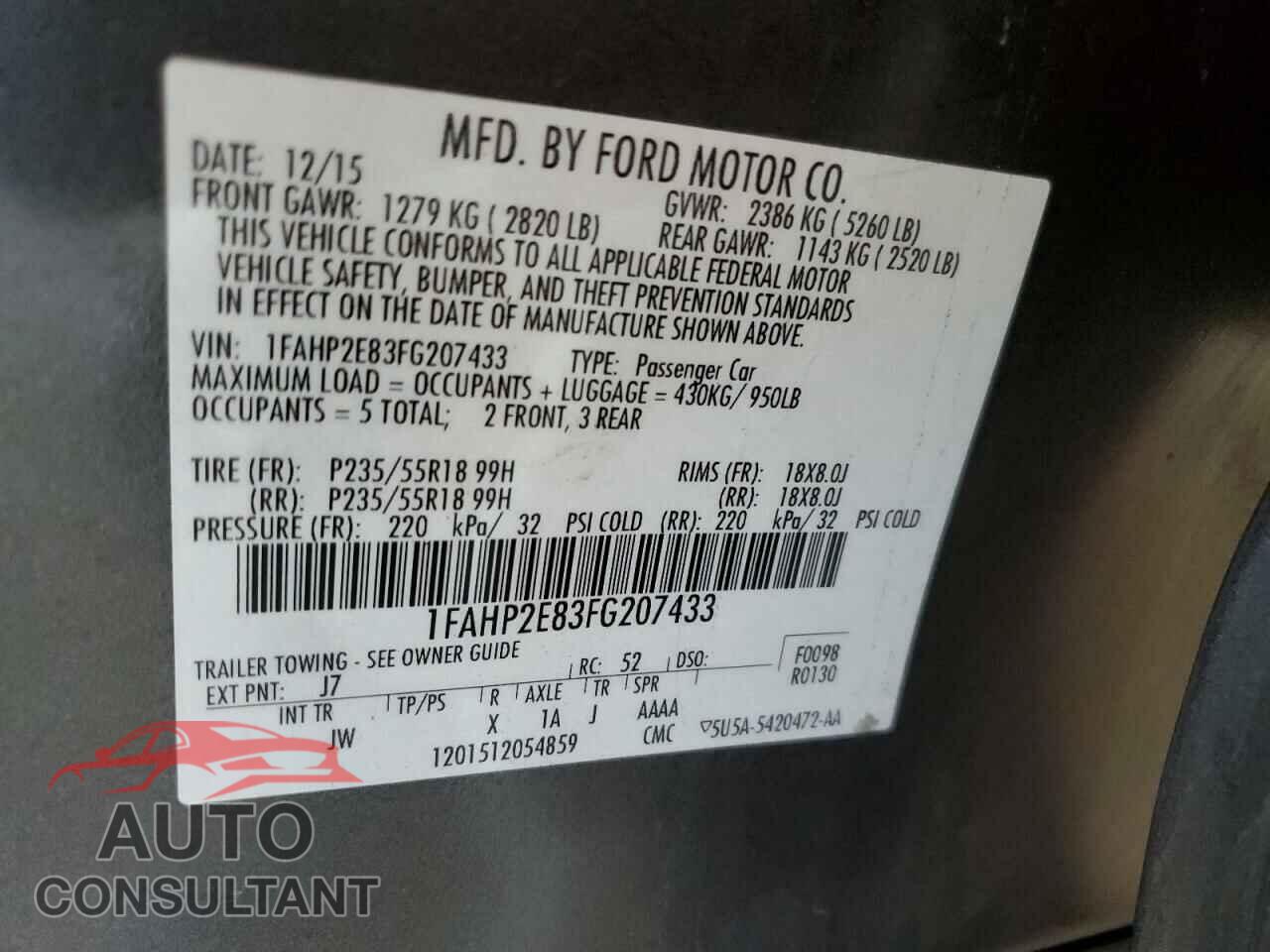 FORD TAURUS 2015 - 1FAHP2E83FG207433