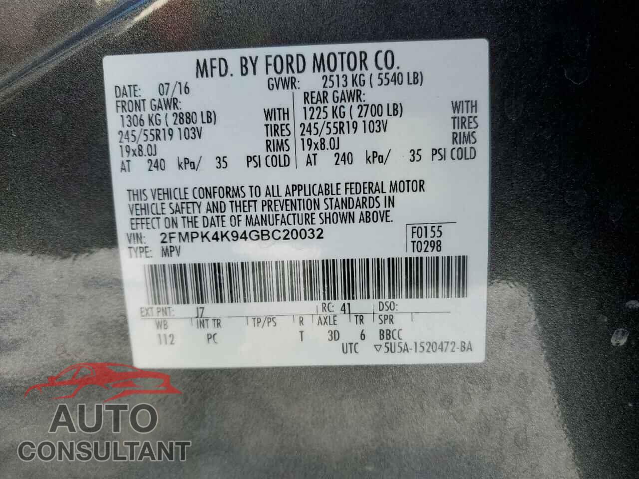 FORD EDGE 2016 - 2FMPK4K94GBC20032