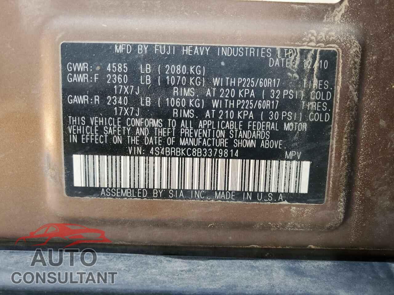 SUBARU OUTBACK 2011 - 4S4BRBKC8B3379814
