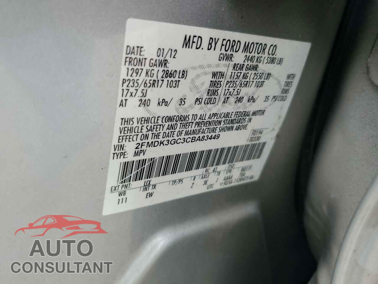 FORD EDGE 2012 - 2FMDK3GC3CBA83449