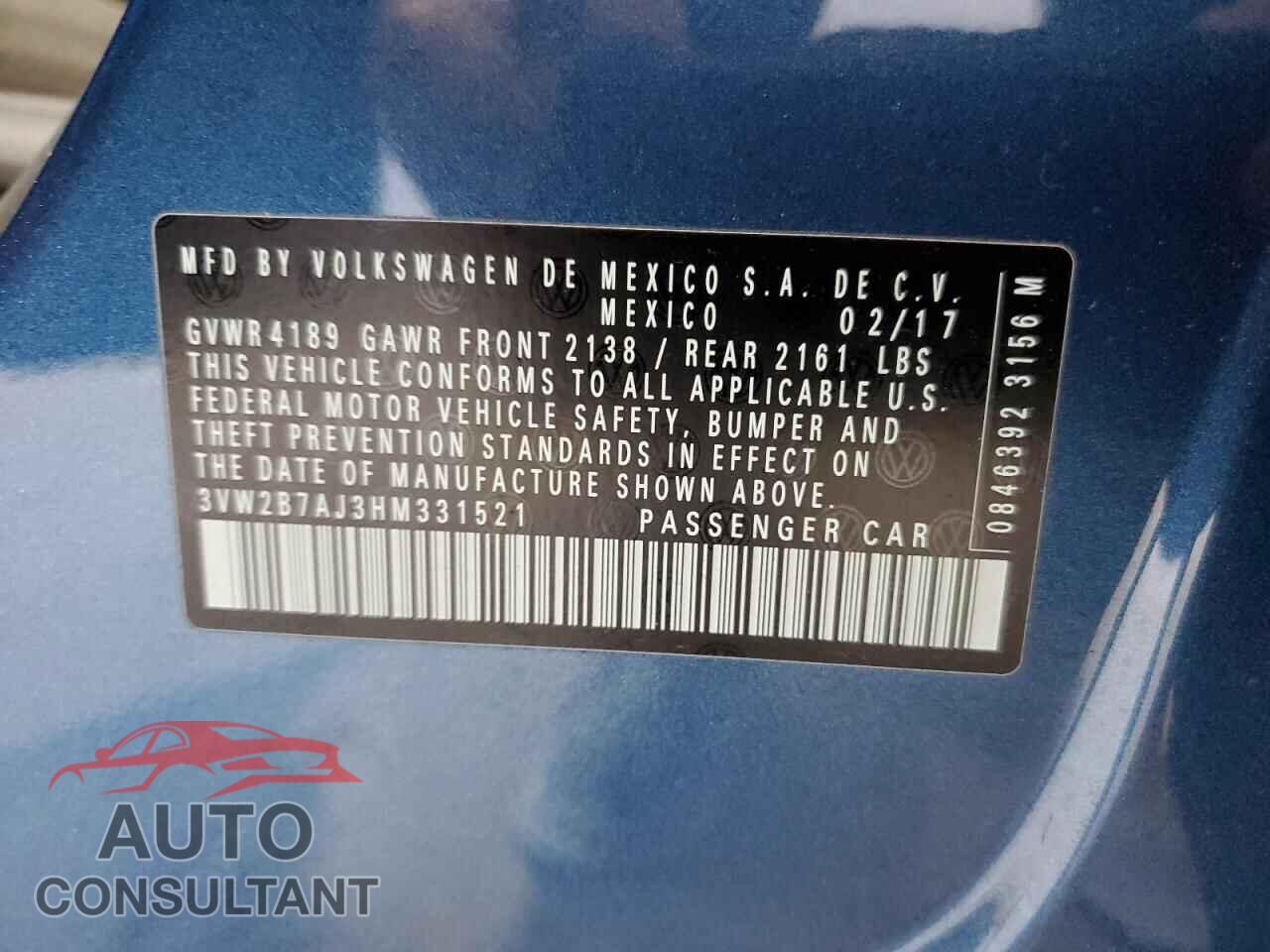 VOLKSWAGEN JETTA 2017 - 3VW2B7AJ3HM331521