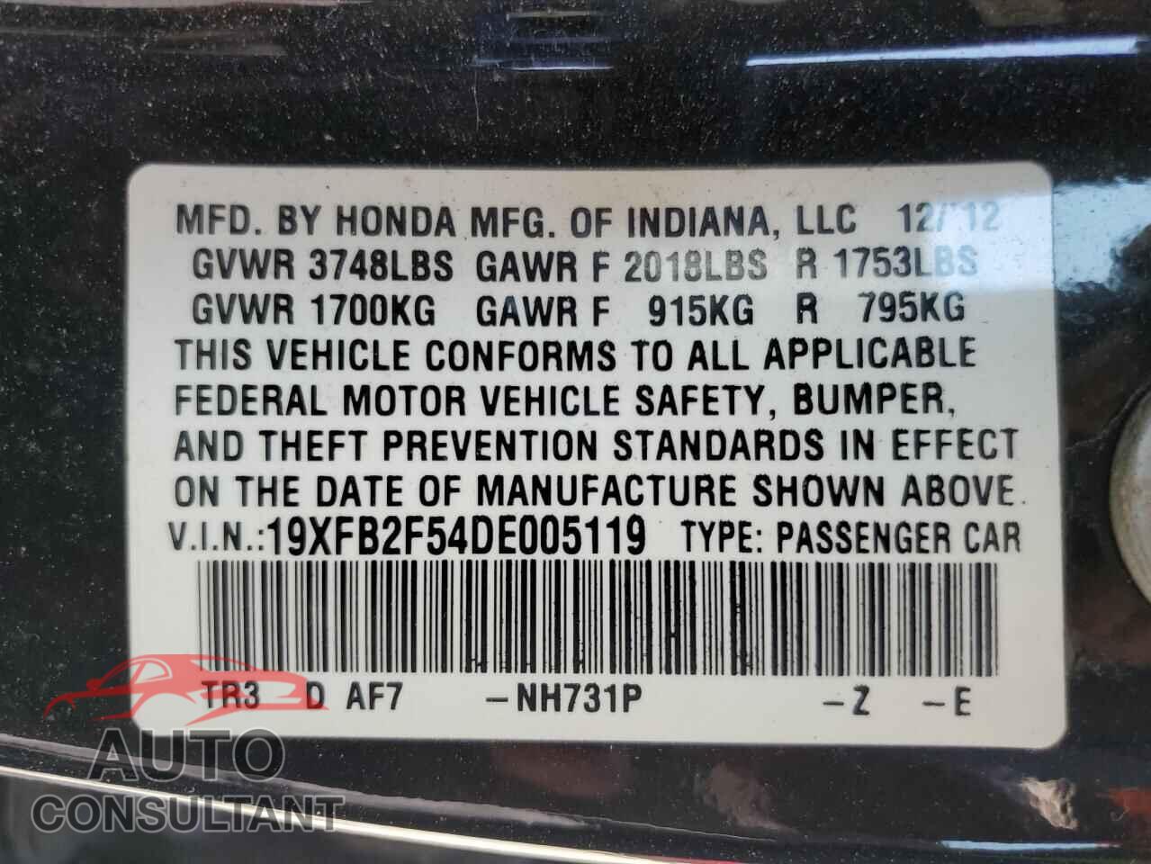HONDA CIVIC 2013 - 19XFB2F54DE005119