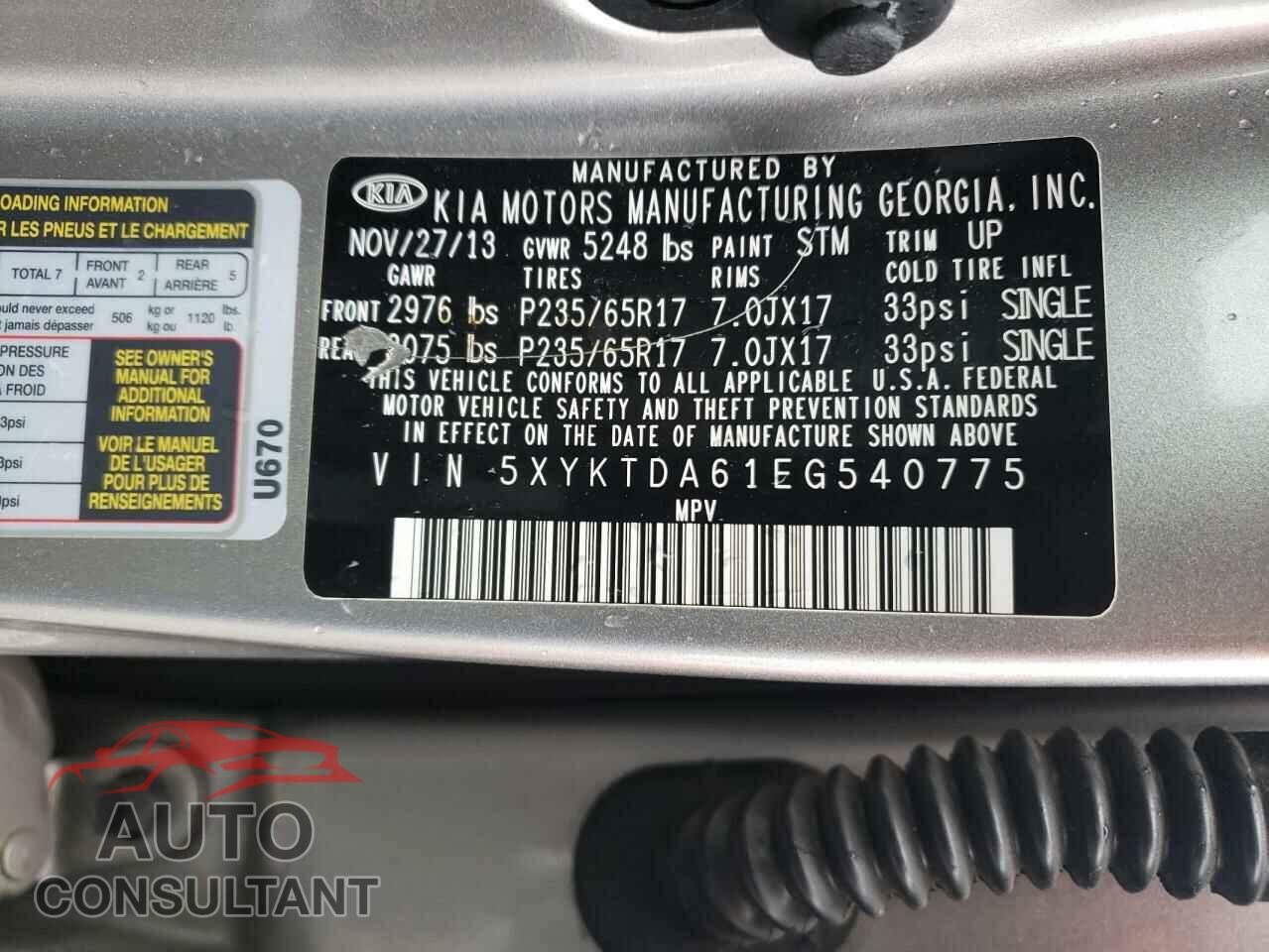 KIA SORENTO 2014 - 5XYKTDA61EG540775