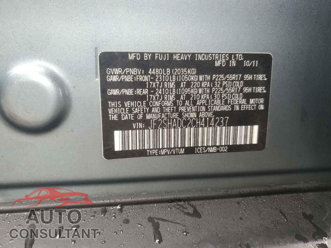 SUBARU FORESTER 2012 - JF2SHADC2CH414237
