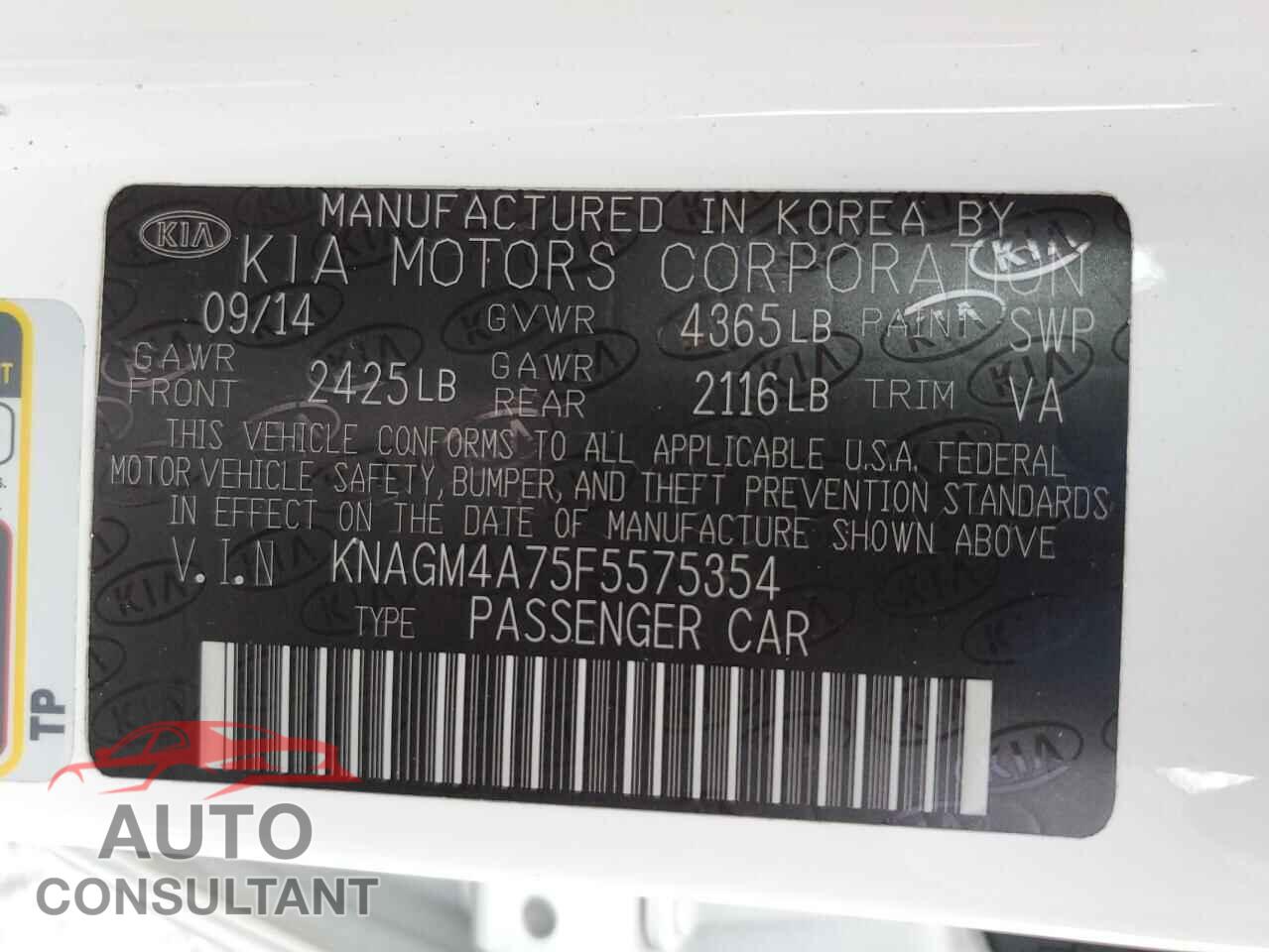 KIA OPTIMA 2015 - KNAGM4A75F5575354