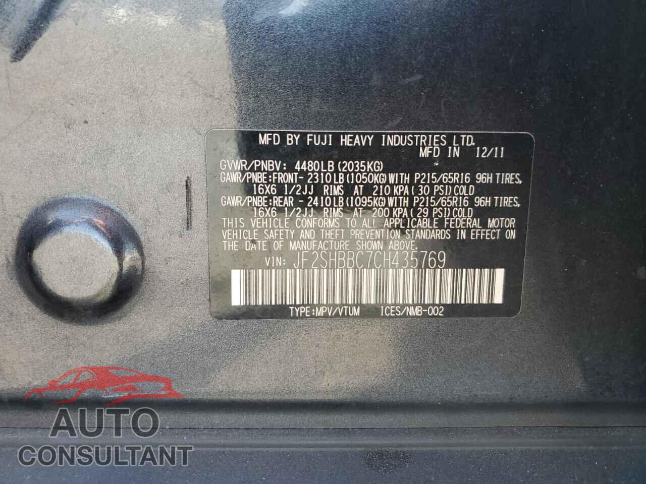 SUBARU FORESTER 2012 - JF2SHBBC7CH435769