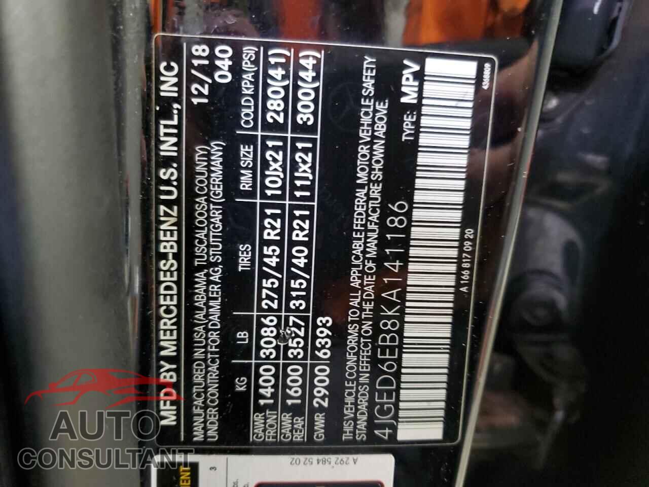 MERCEDES-BENZ GLE-CLASS 2019 - 4JGED6EB8KA141186