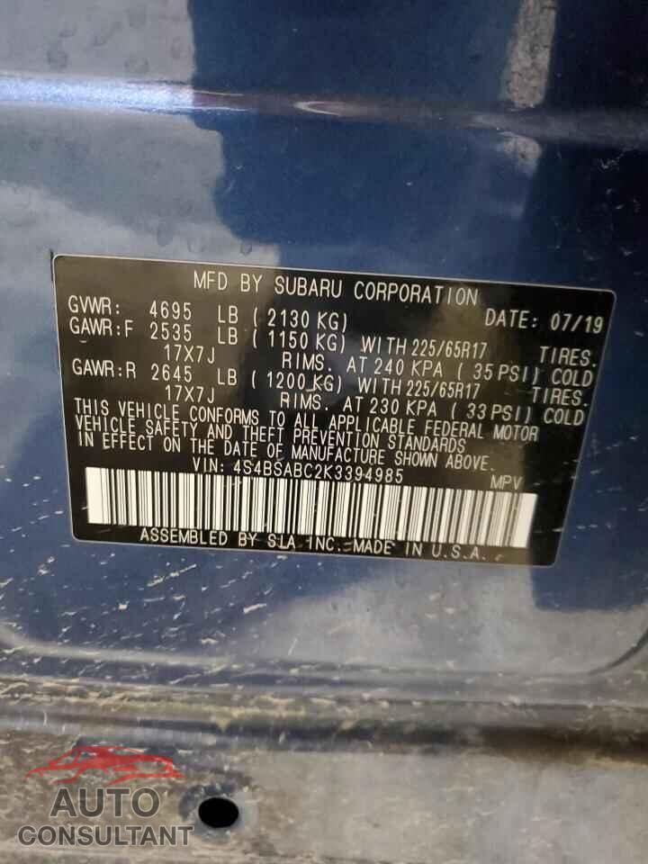 SUBARU OUTBACK 2019 - 4S4BSABC2K3394985