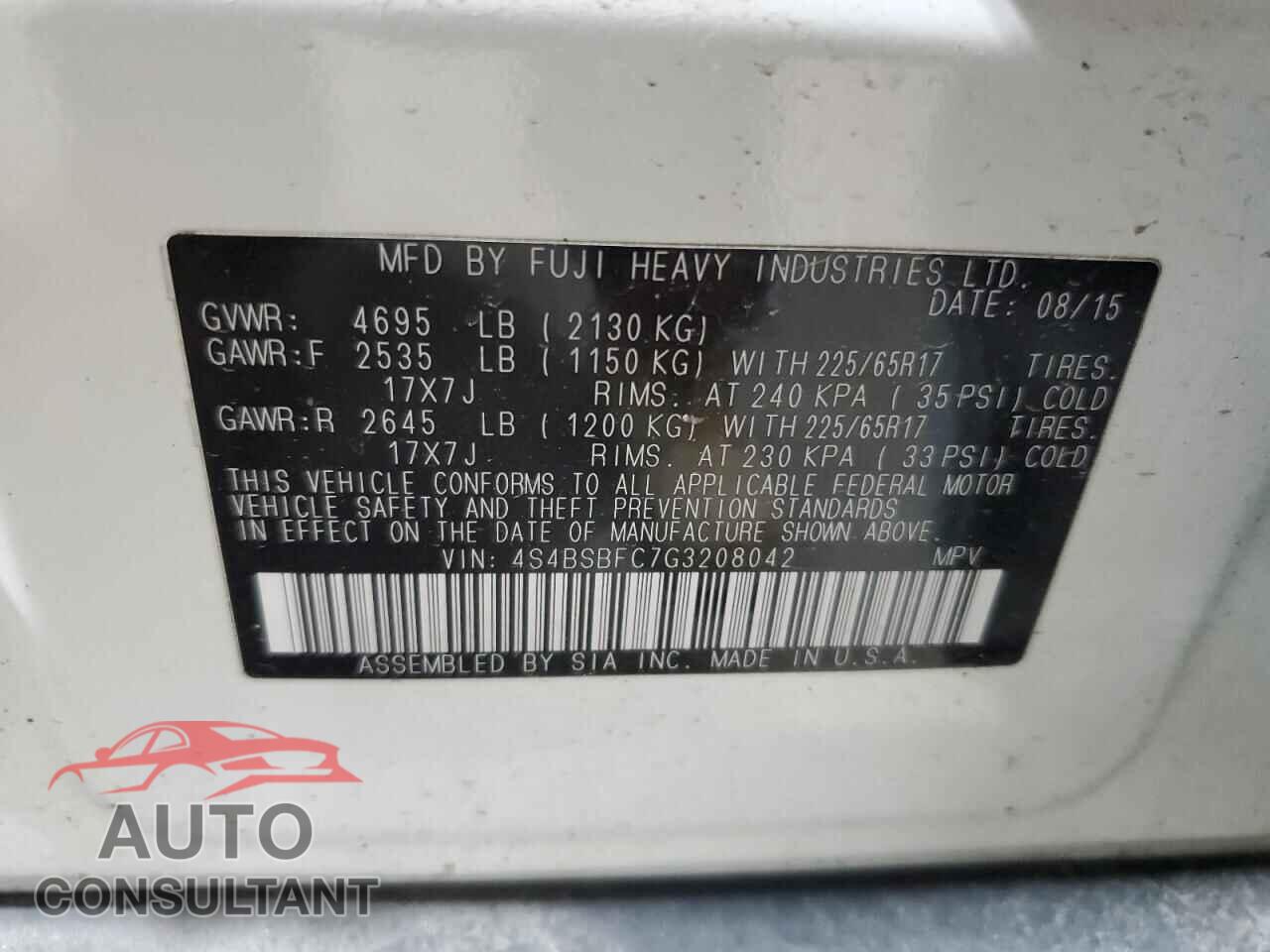 SUBARU OUTBACK 2016 - 4S4BSBFC7G3208042