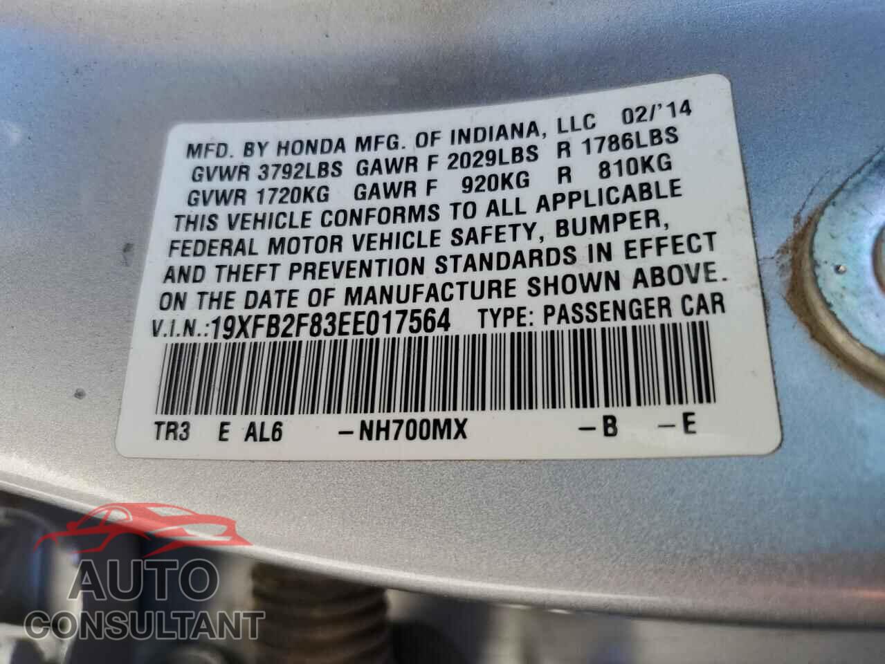 HONDA CIVIC 2014 - 19XFB2F83EE017564