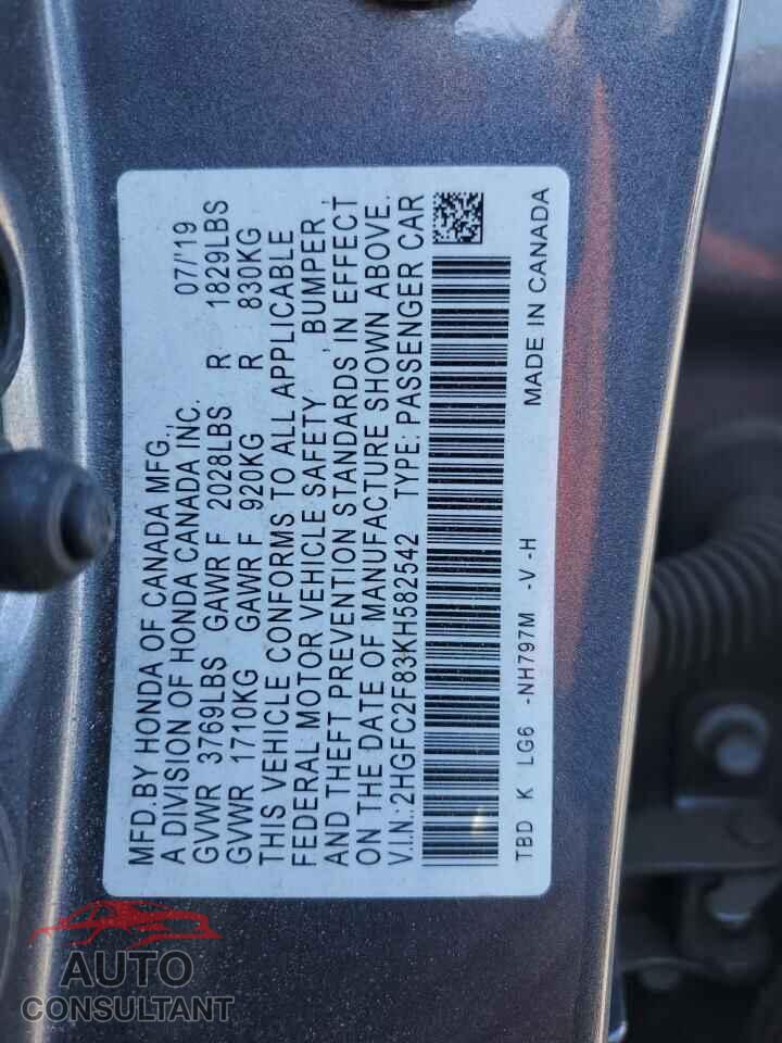 HONDA CIVIC 2019 - 2HGFC2F83KH582542