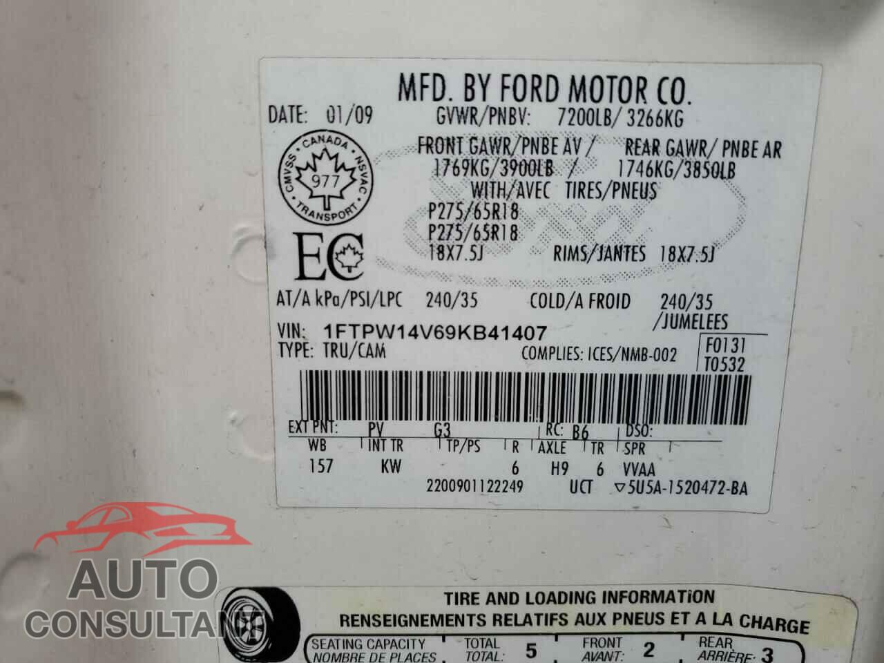 FORD F-150 2009 - 1FTPW14V69KB41407