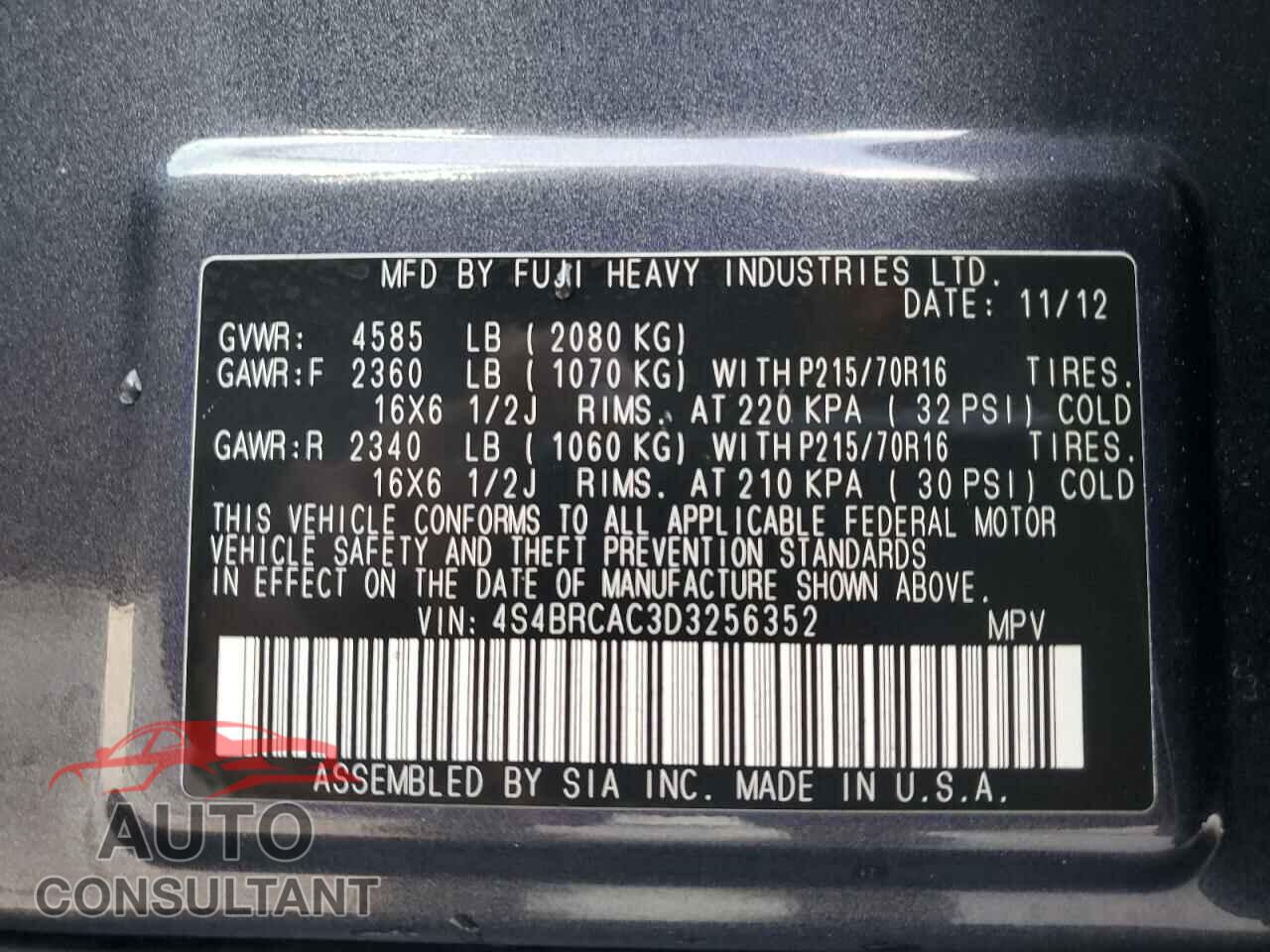 SUBARU OUTBACK 2013 - 4S4BRCAC3D3256352