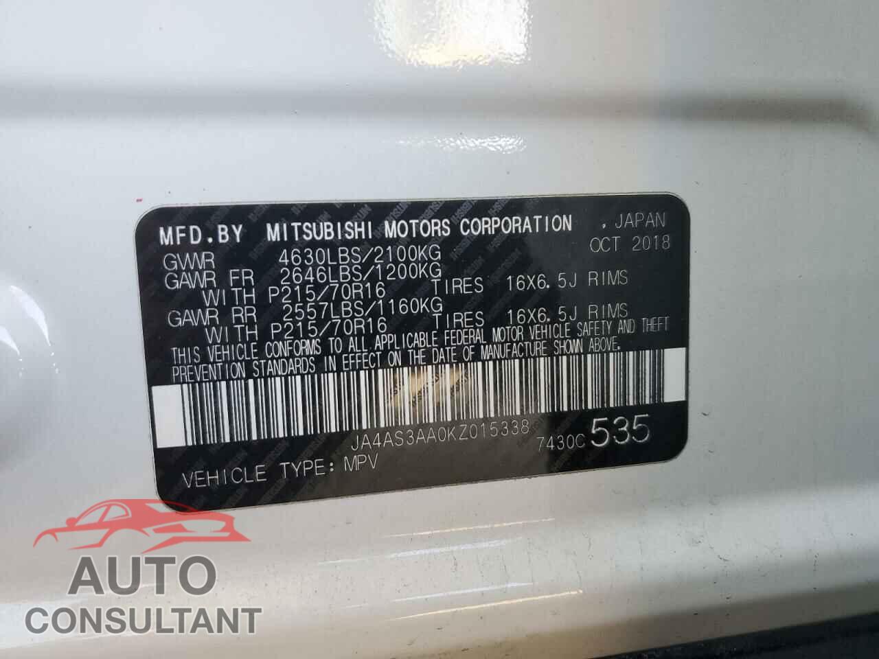 MITSUBISHI ECLIPSE 2019 - JA4AS3AA0KZ015338