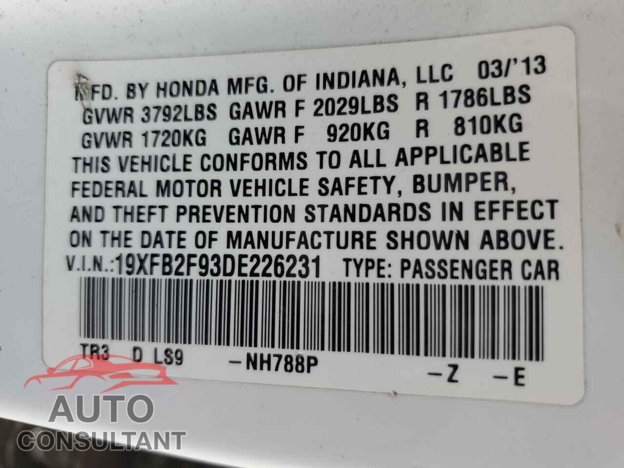 HONDA CIVIC 2013 - 19XFB2F93DE226231