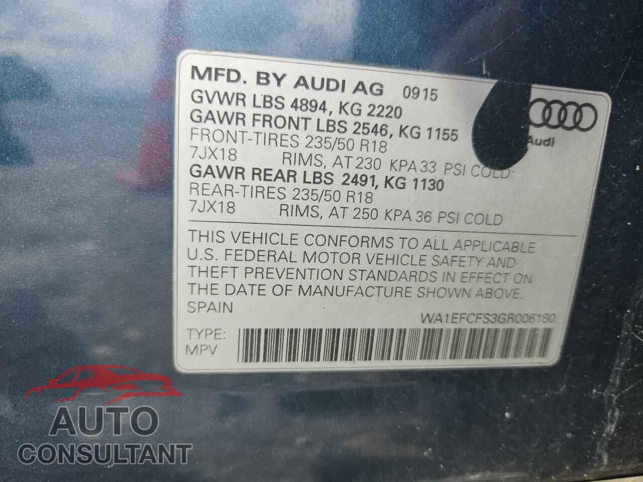 AUDI Q3 2016 - WA1EFCFS3GR006180