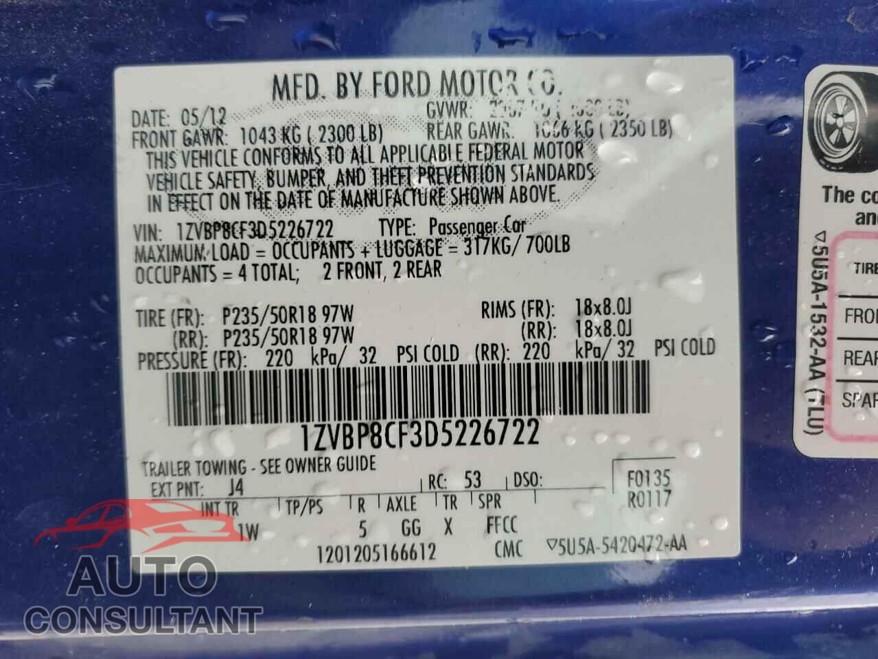 FORD MUSTANG 2013 - 1ZVBP8CF3D5226722