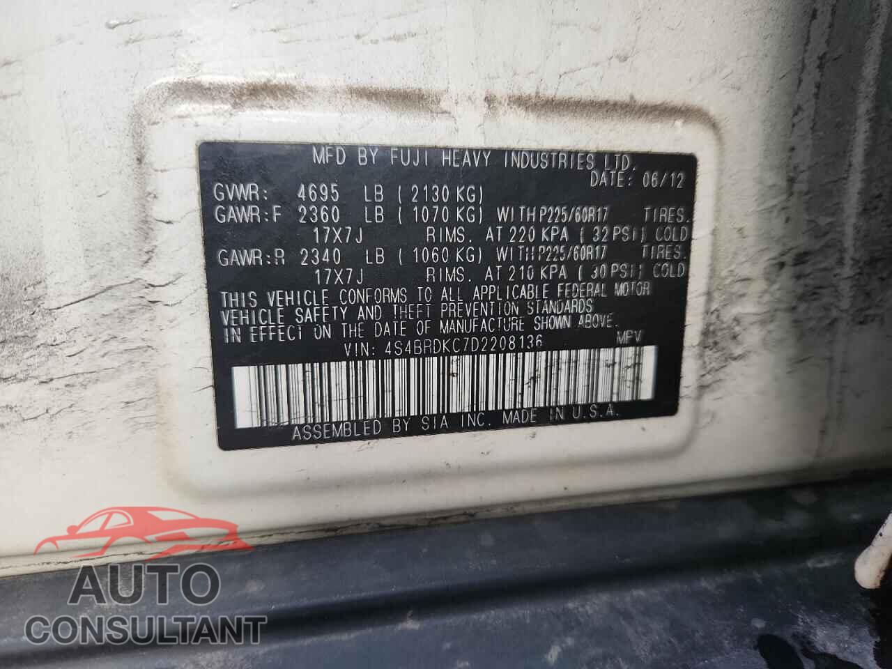 SUBARU OUTBACK 2013 - 4S4BRDKC7D2208136