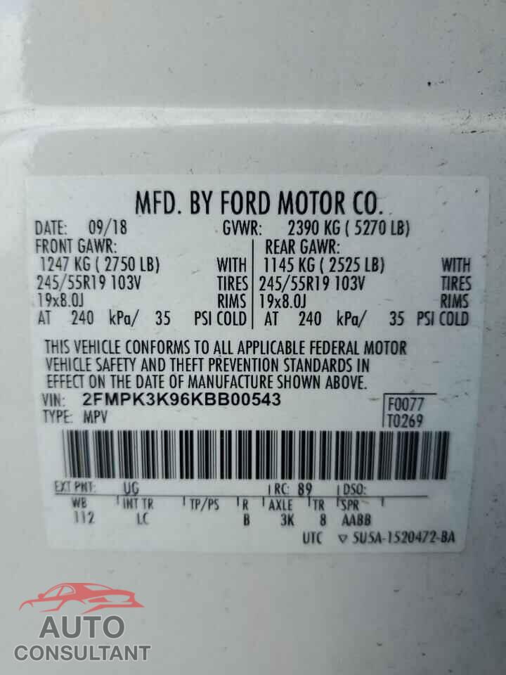 FORD EDGE 2019 - 2FMPK3K96KBB00543