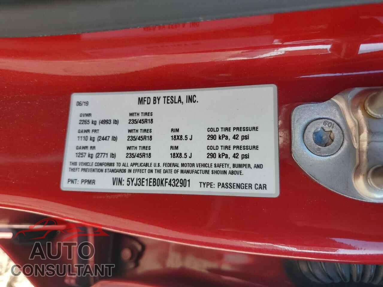 TESLA MODEL 3 2019 - 5YJ3E1EB0KF432901