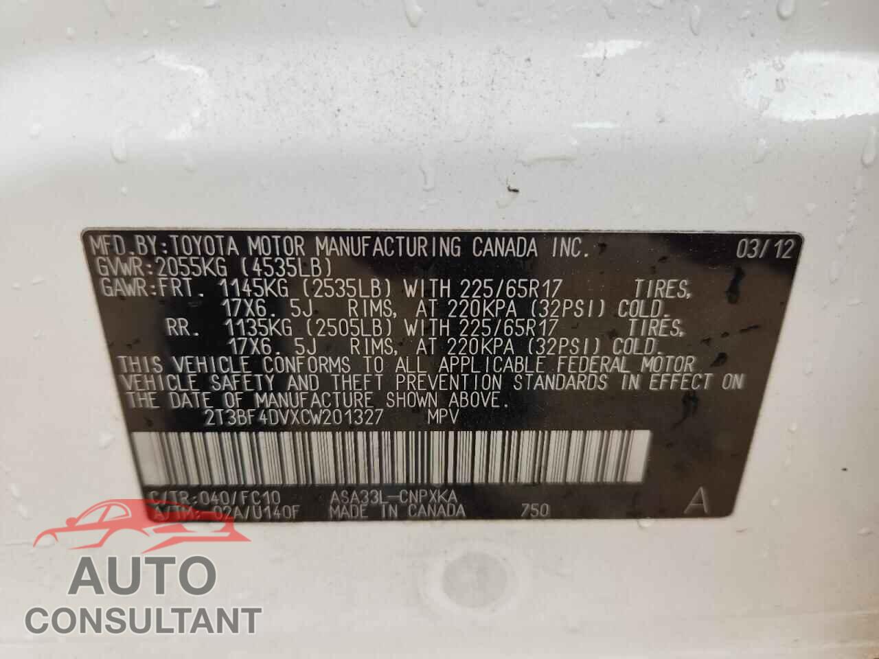 TOYOTA RAV4 2012 - 2T3BF4DVXCW201327