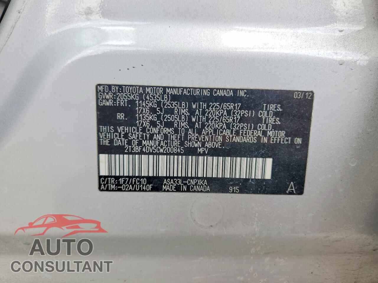 TOYOTA RAV4 2012 - 2T3BF4DV5CW200845