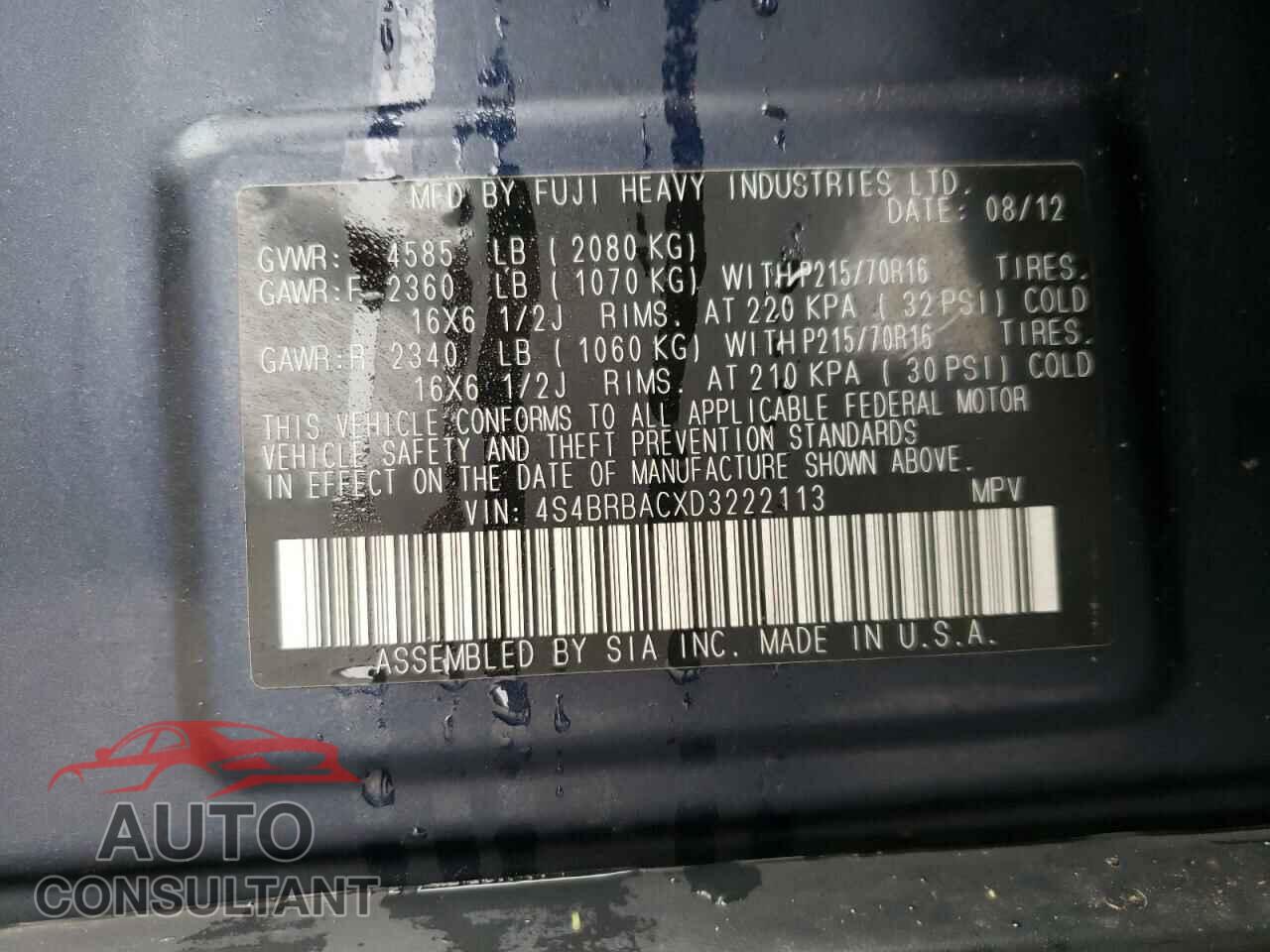 SUBARU OUTBACK 2013 - 4S4BRBACXD3222113