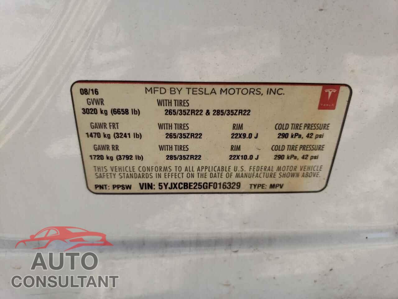 TESLA MODEL X 2016 - 5YJXCBE25GF016329