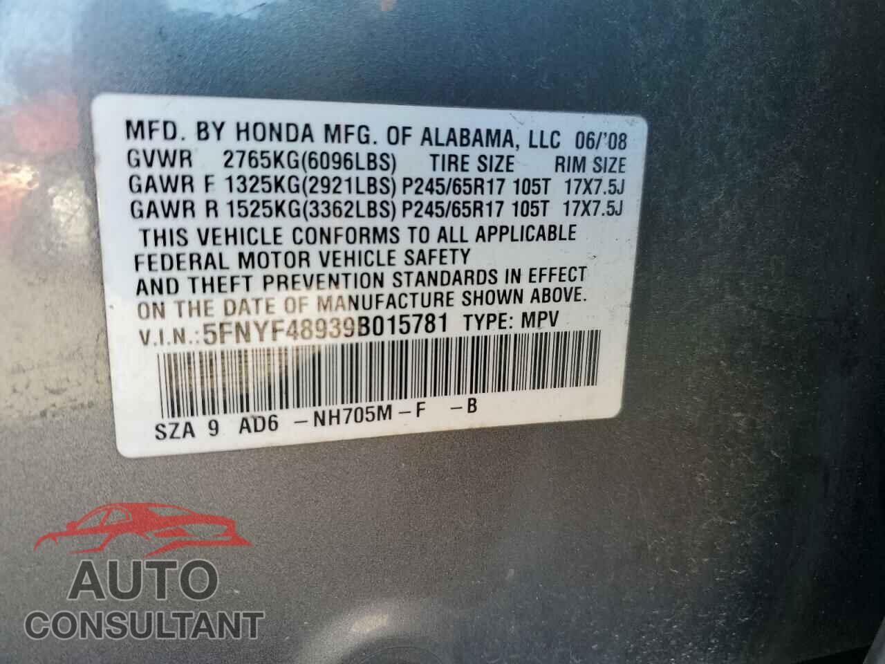 HONDA PILOT 2009 - 5FNYF48939B015781