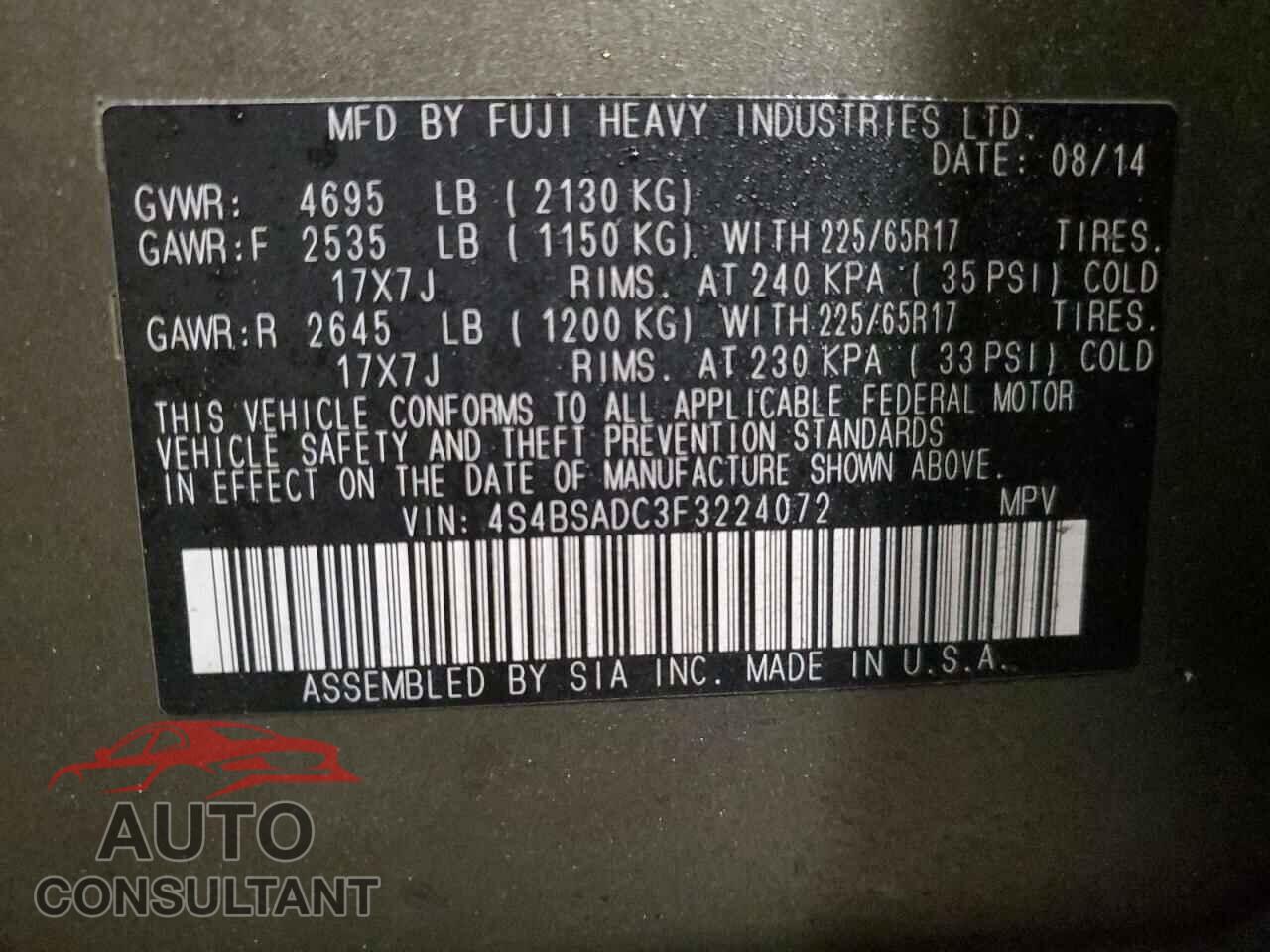 SUBARU OUTBACK 2015 - 4S4BSADC3F3224072