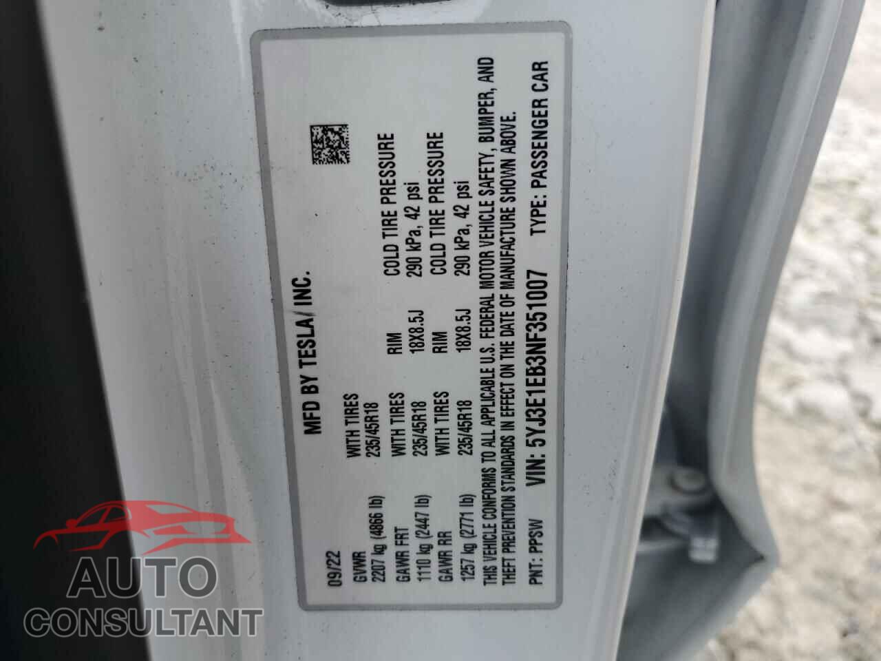 TESLA MODEL 3 2022 - 5YJ3E1EB3NF351007