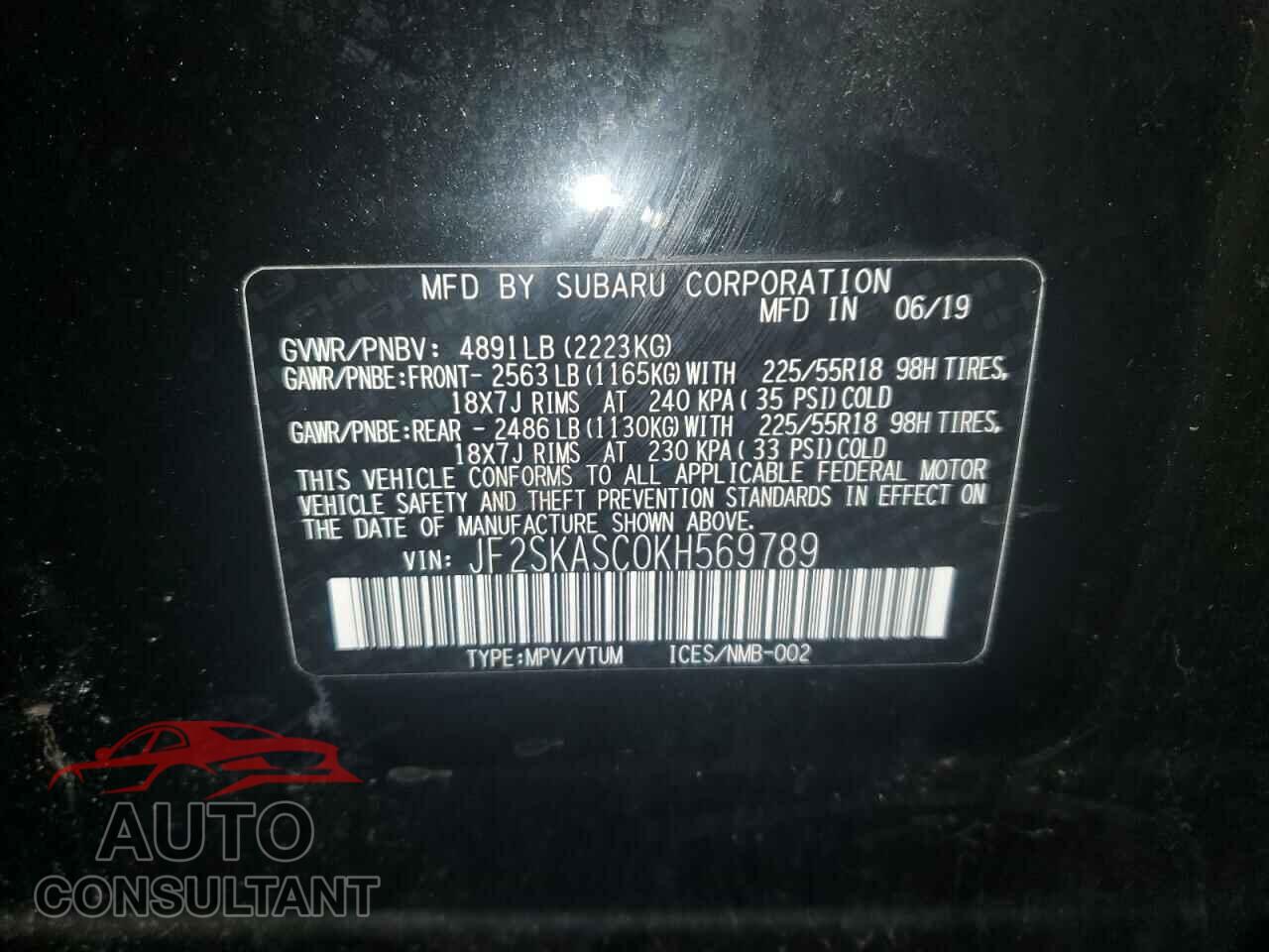 SUBARU FORESTER 2019 - JF2SKASC0KH569789