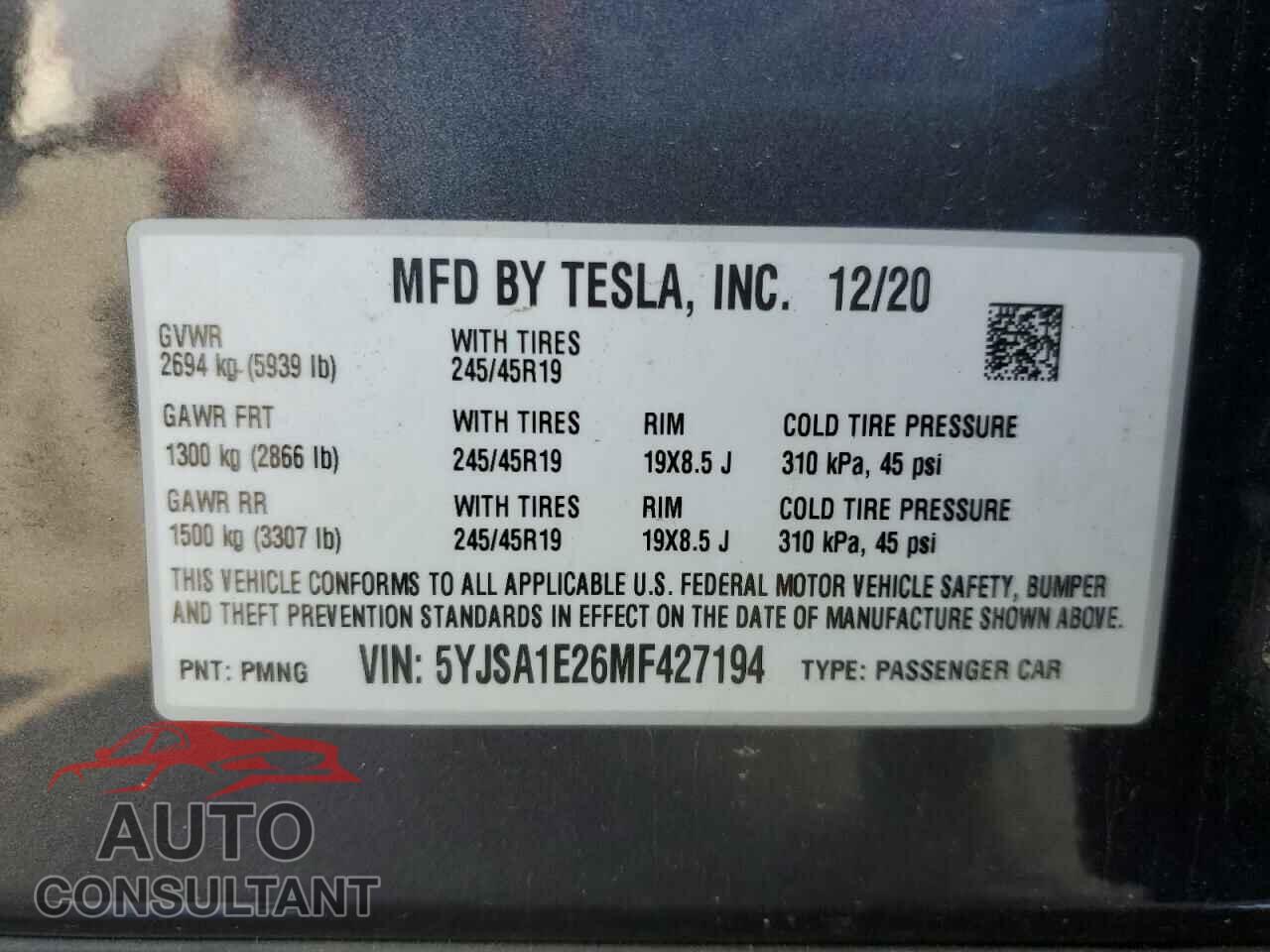 TESLA MODEL S 2021 - 5YJSA1E26MF427194