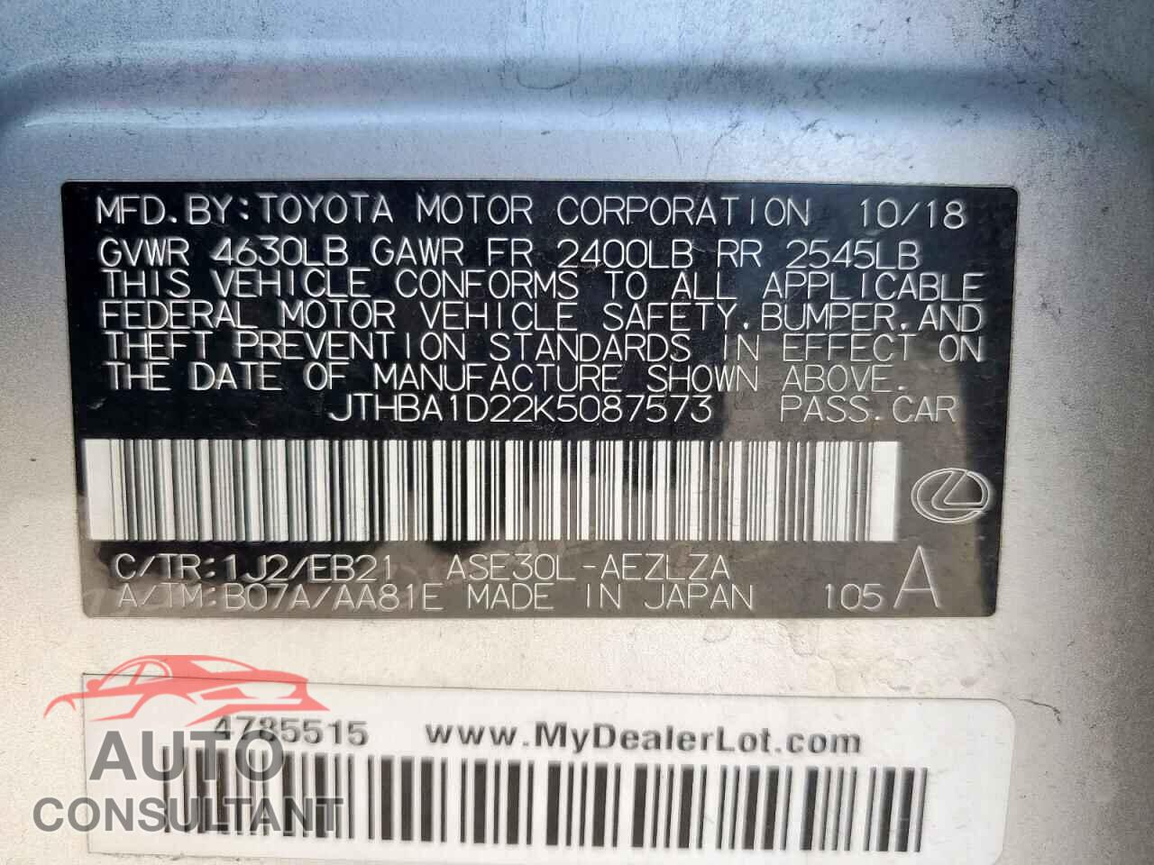 LEXUS IS 2019 - JTHBA1D22K5087573