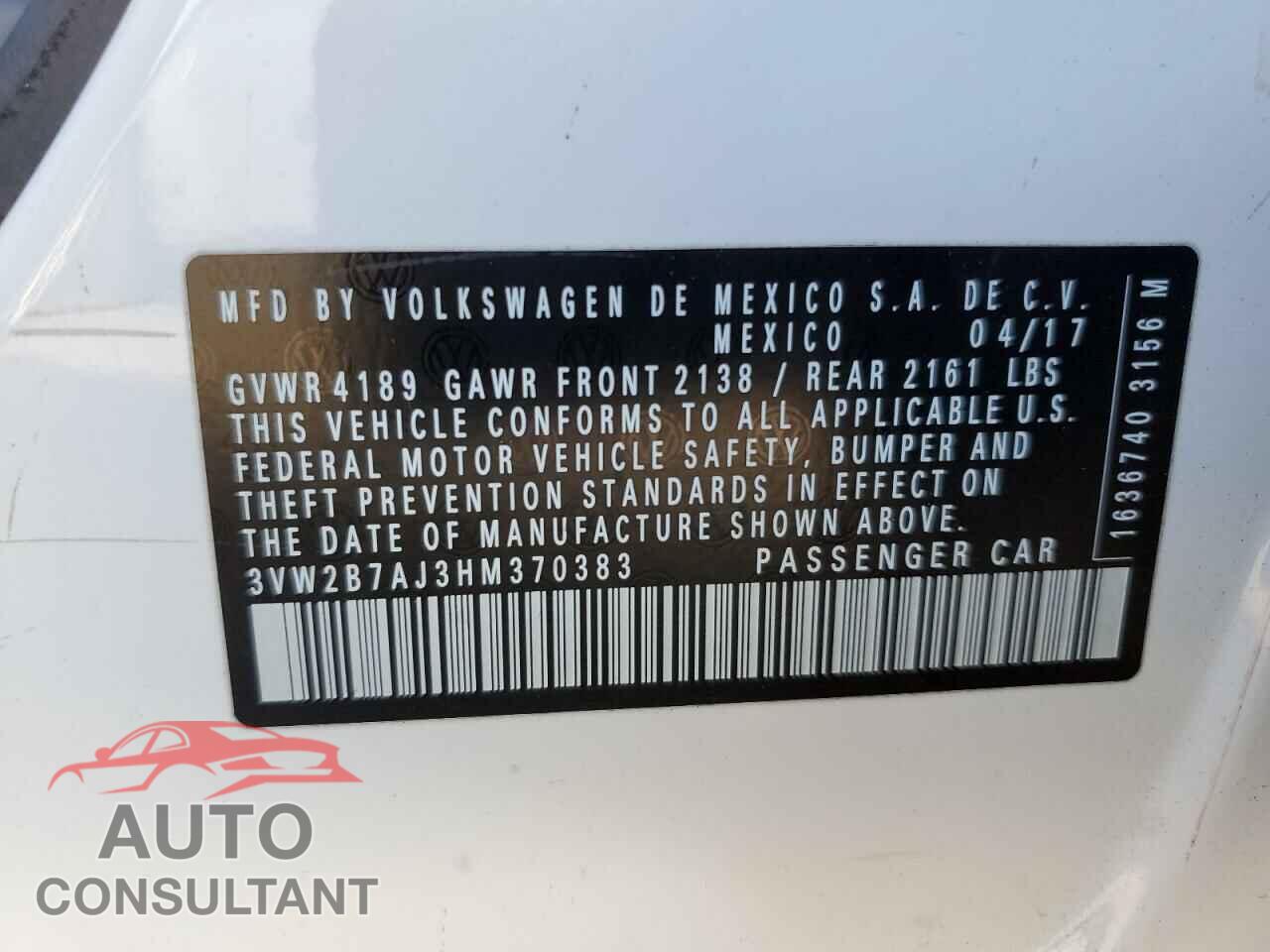 VOLKSWAGEN JETTA 2017 - 3VW2B7AJ3HM370383