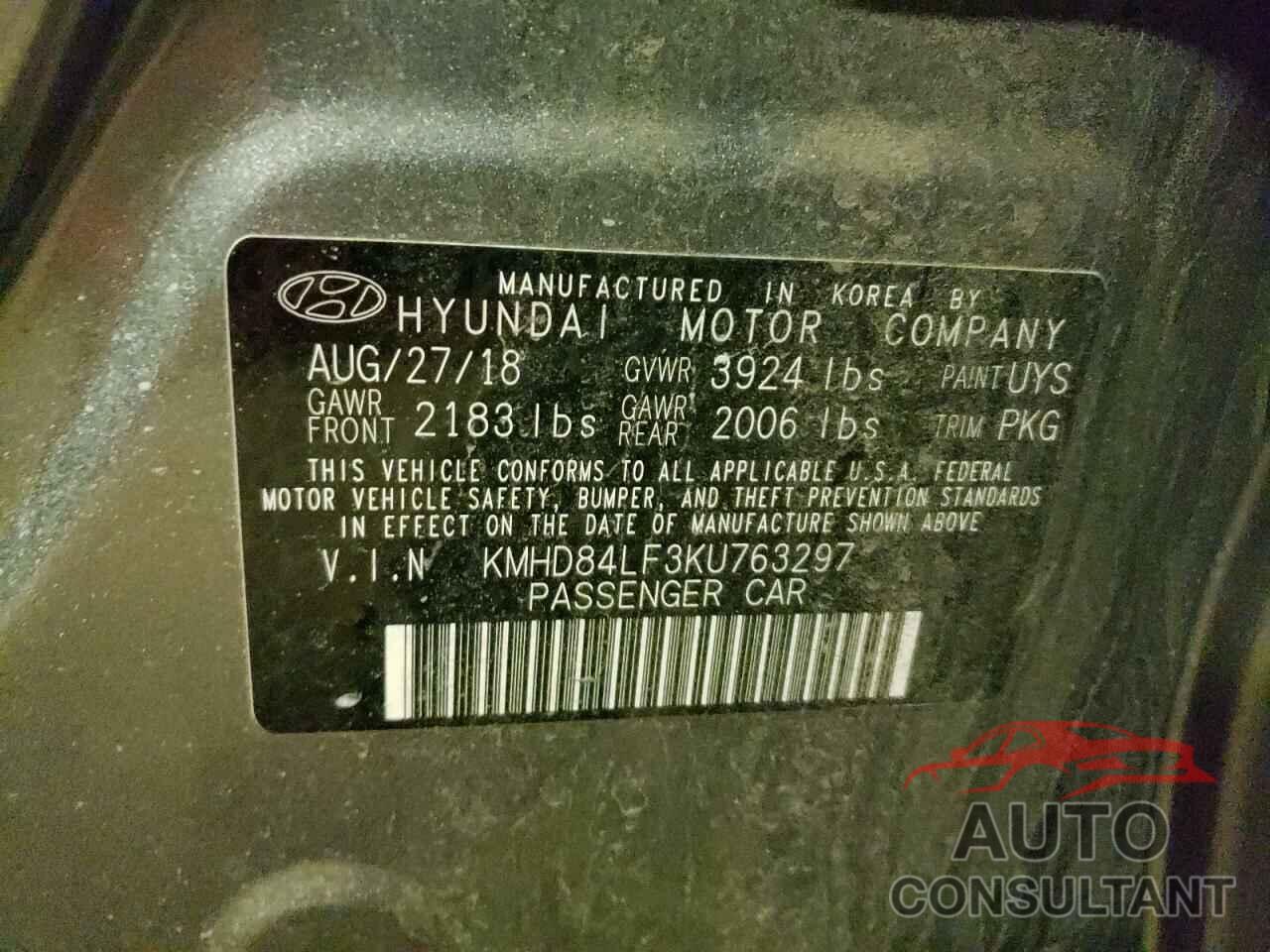 HYUNDAI ELANTRA 2019 - KMHD84LF3KU763297