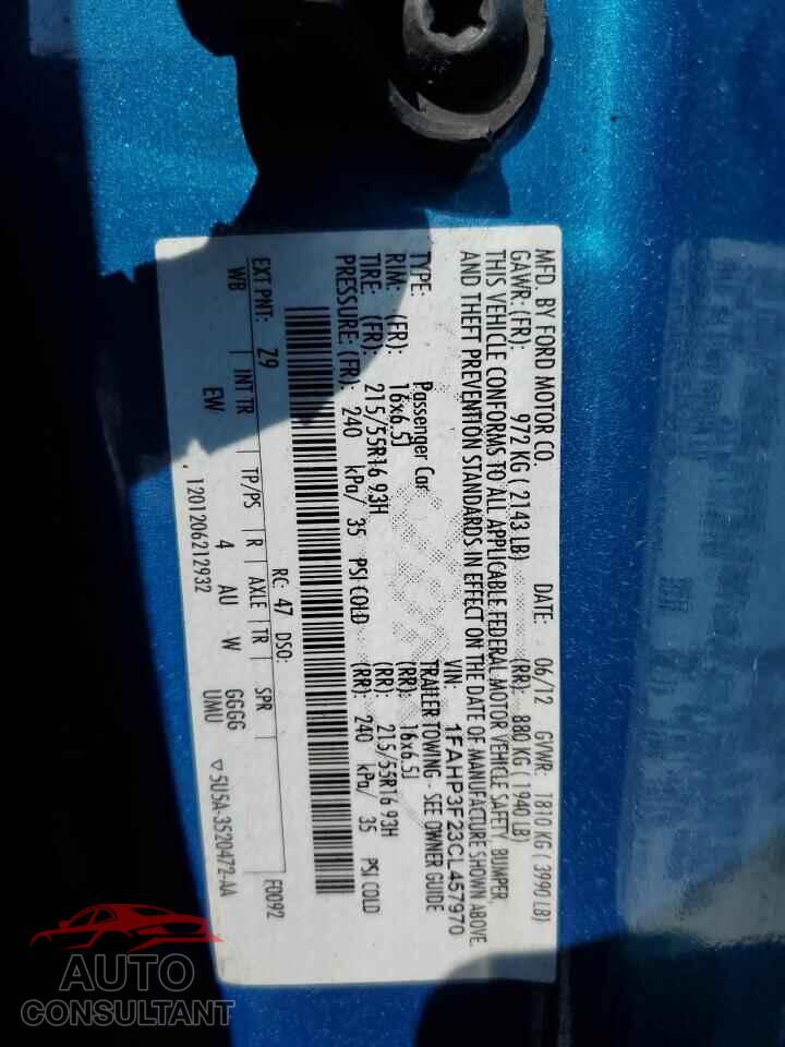 FORD FOCUS 2012 - 1FAHP3F23CL457970