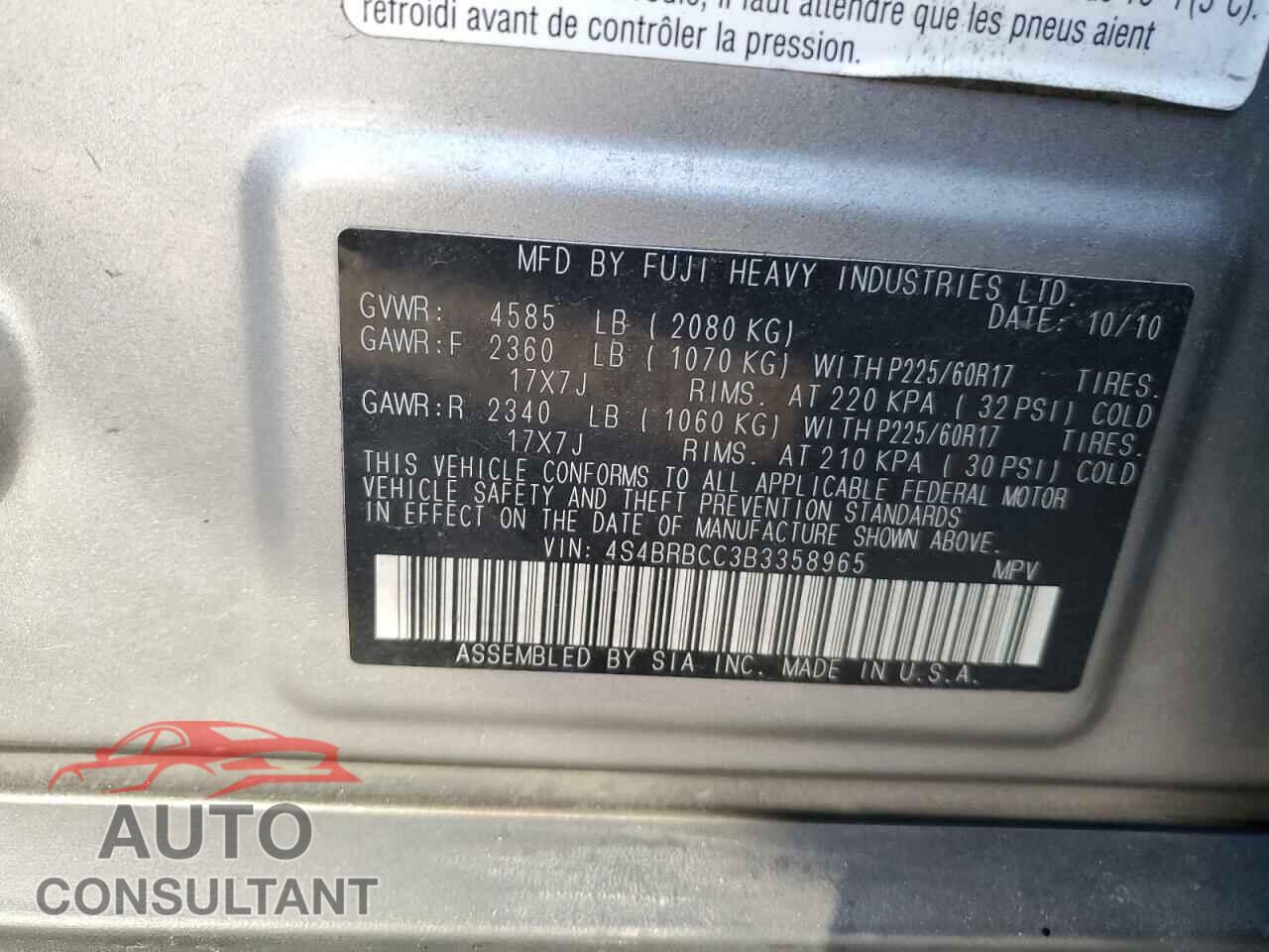 SUBARU OUTBACK 2011 - 4S4BRBCC3B3358965