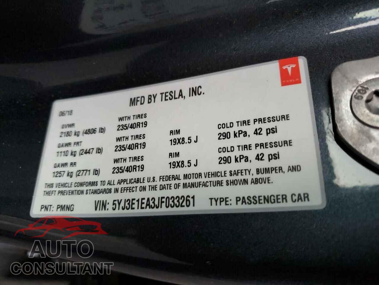 TESLA MODEL 3 2018 - 5YJ3E1EA3JF033261
